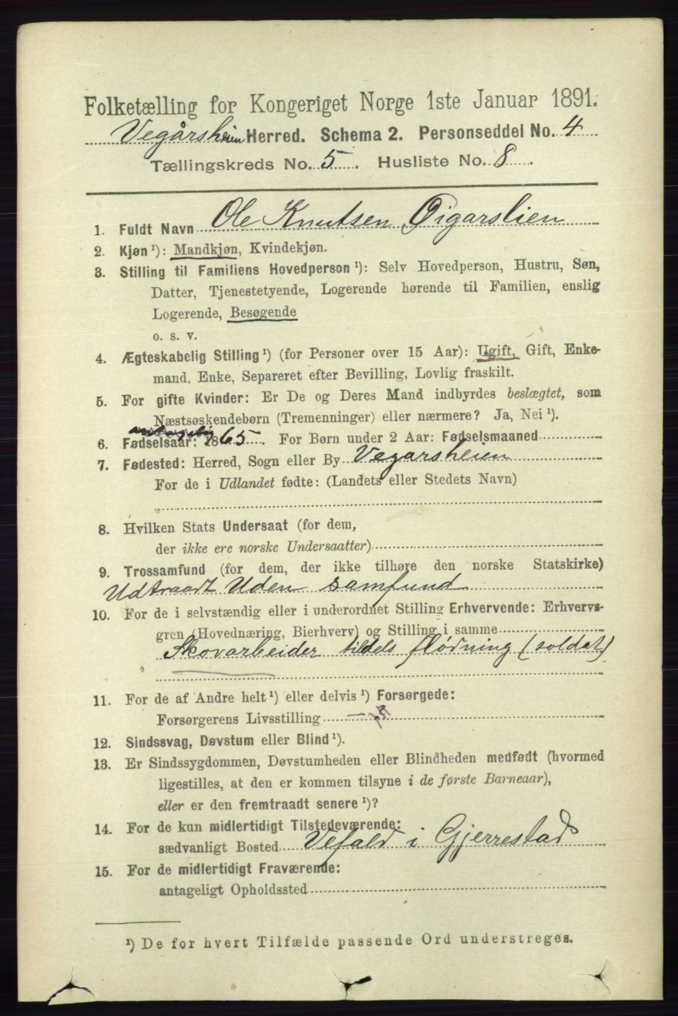 RA, 1891 census for 0912 Vegårshei, 1891, p. 1039