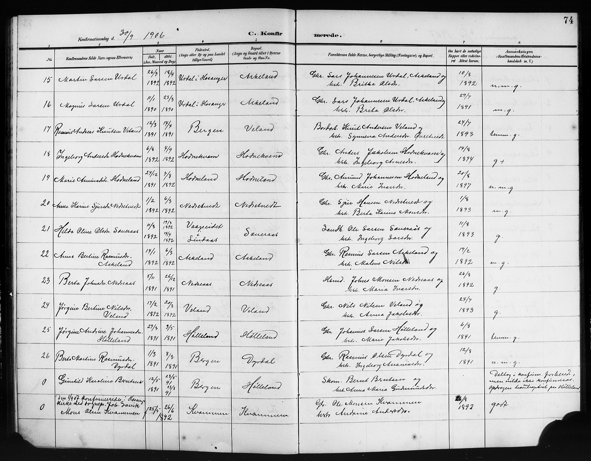 Lindås Sokneprestembete, SAB/A-76701/H/Hab: Parish register (copy) no. E 4, 1906-1921, p. 74