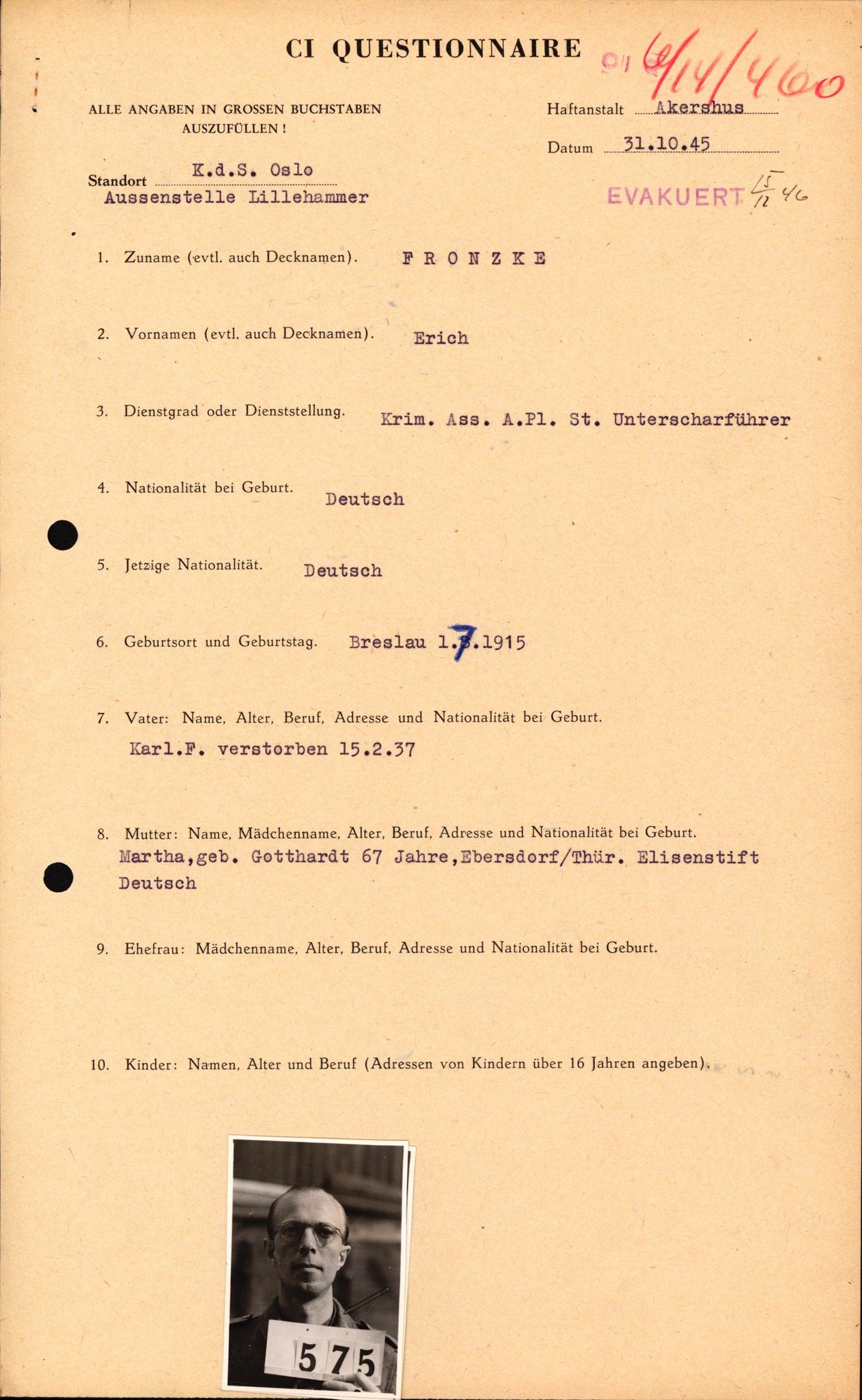 Forsvaret, Forsvarets overkommando II, AV/RA-RAFA-3915/D/Db/L0008: CI Questionaires. Tyske okkupasjonsstyrker i Norge. Tyskere., 1945-1946, p. 392