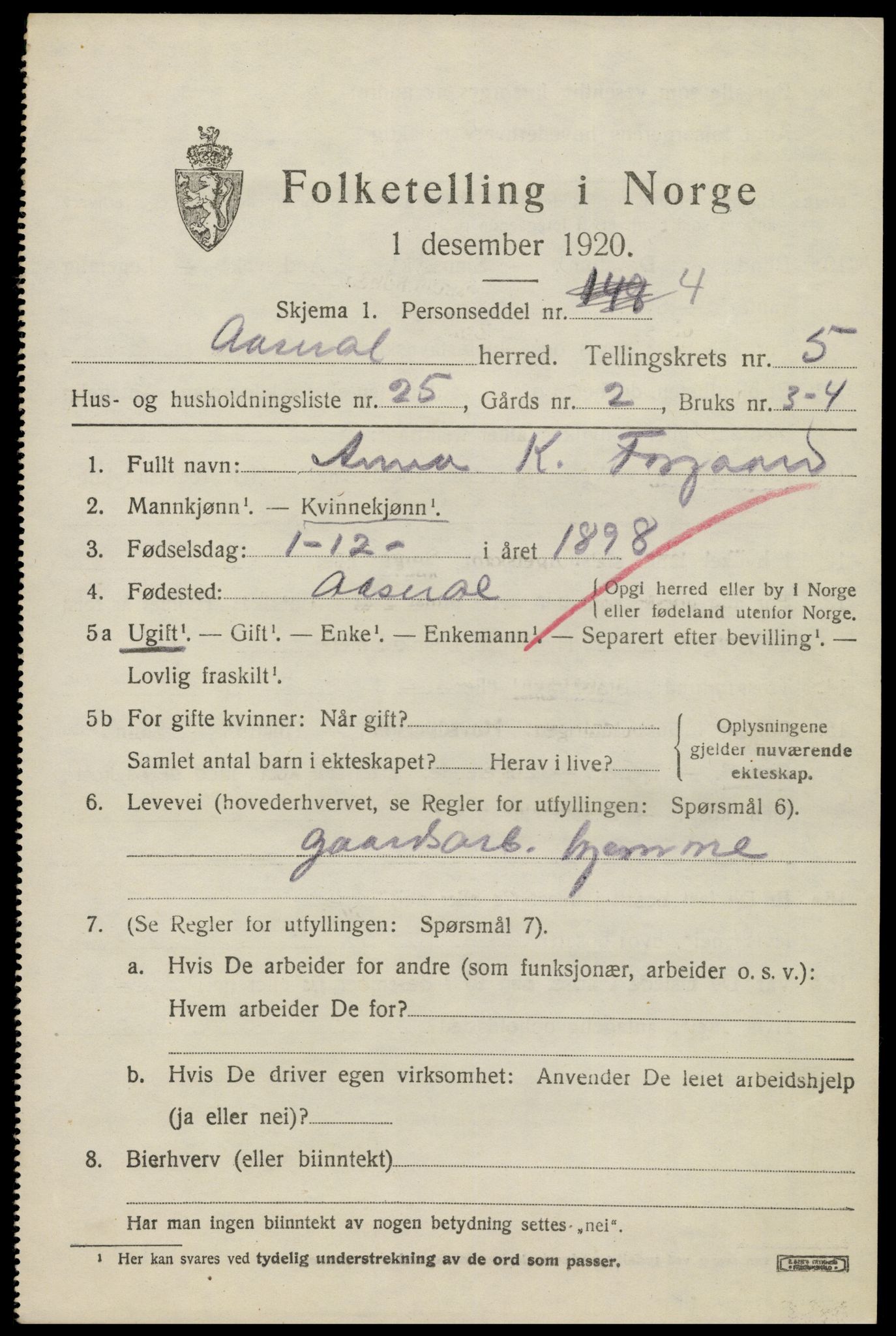 SAK, 1920 census for Åseral, 1920, p. 1758