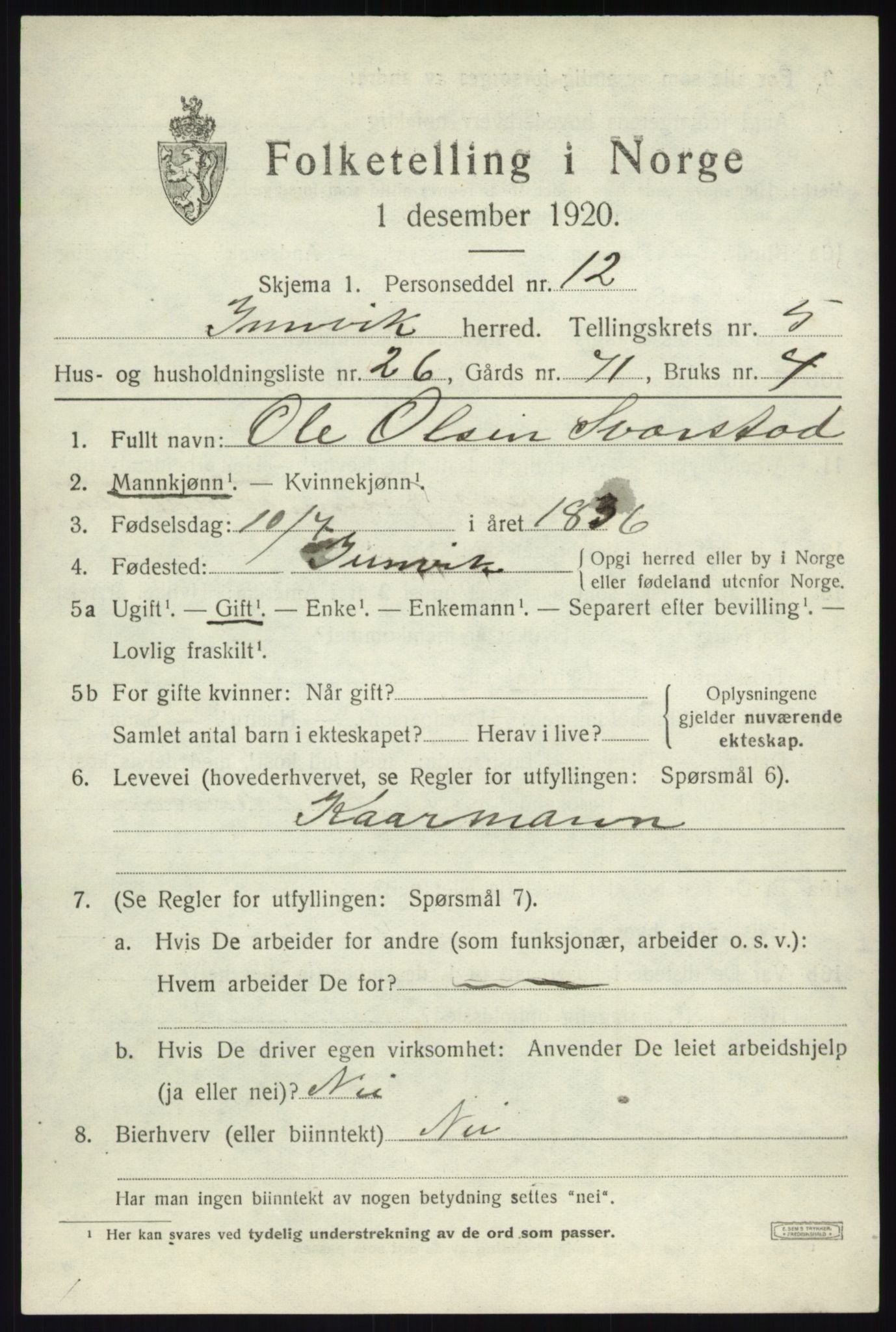 SAB, 1920 census for Innvik, 1920, p. 3005