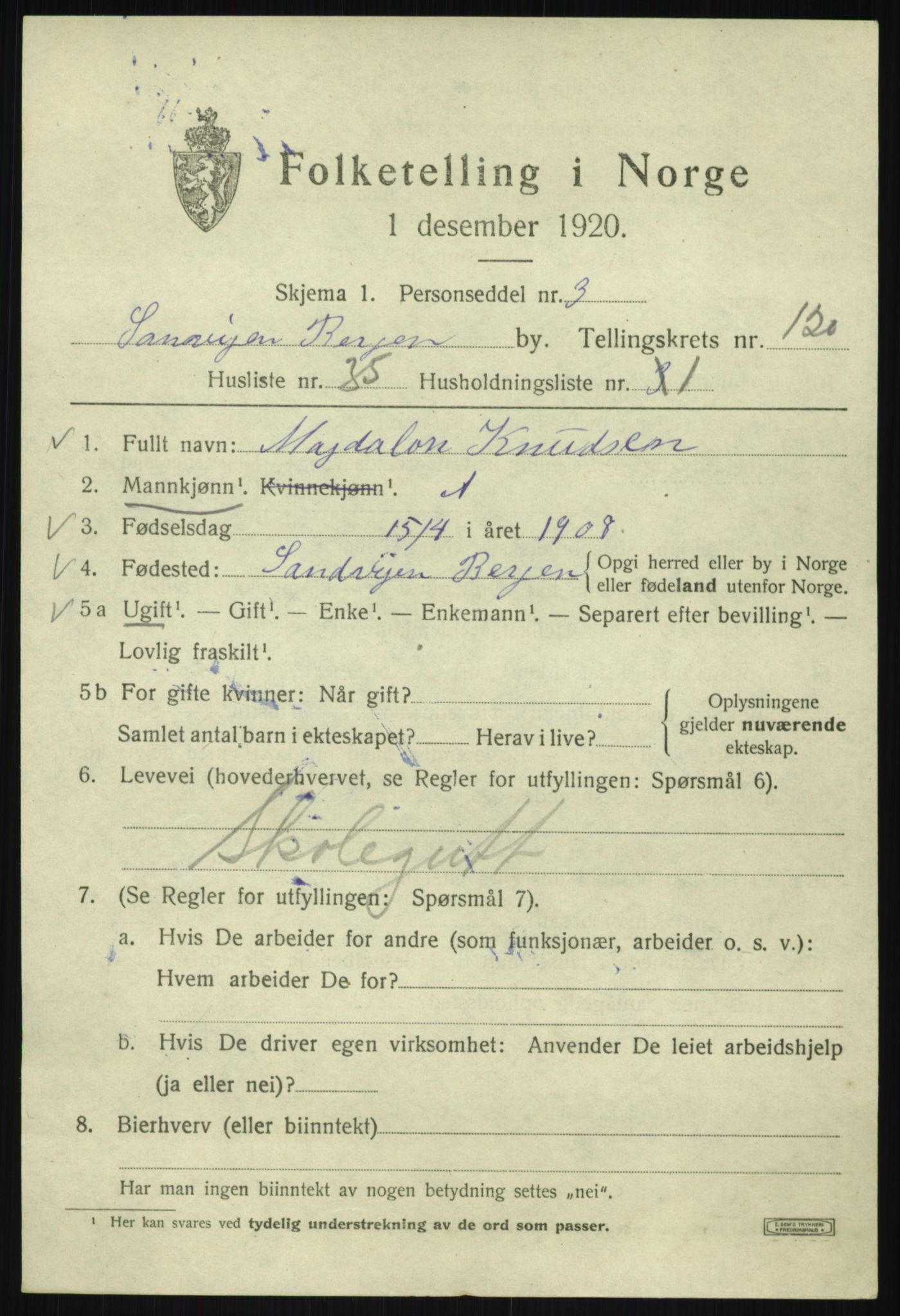 SAB, 1920 census for Bergen, 1920, p. 202018
