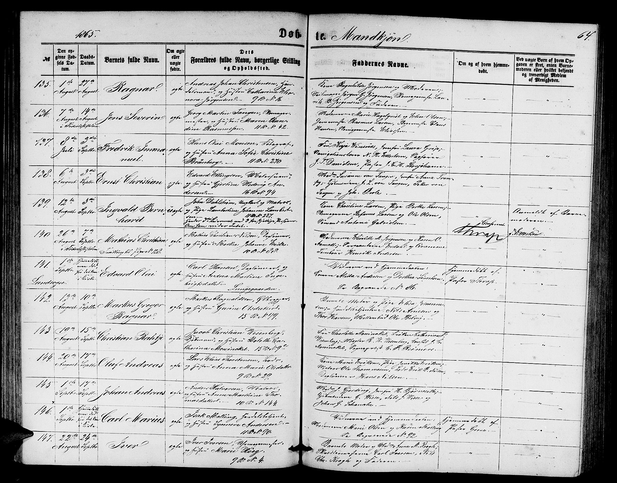 Domkirken sokneprestembete, AV/SAB-A-74801/H/Hab/L0012: Parish register (copy) no. B 5, 1862-1869, p. 64