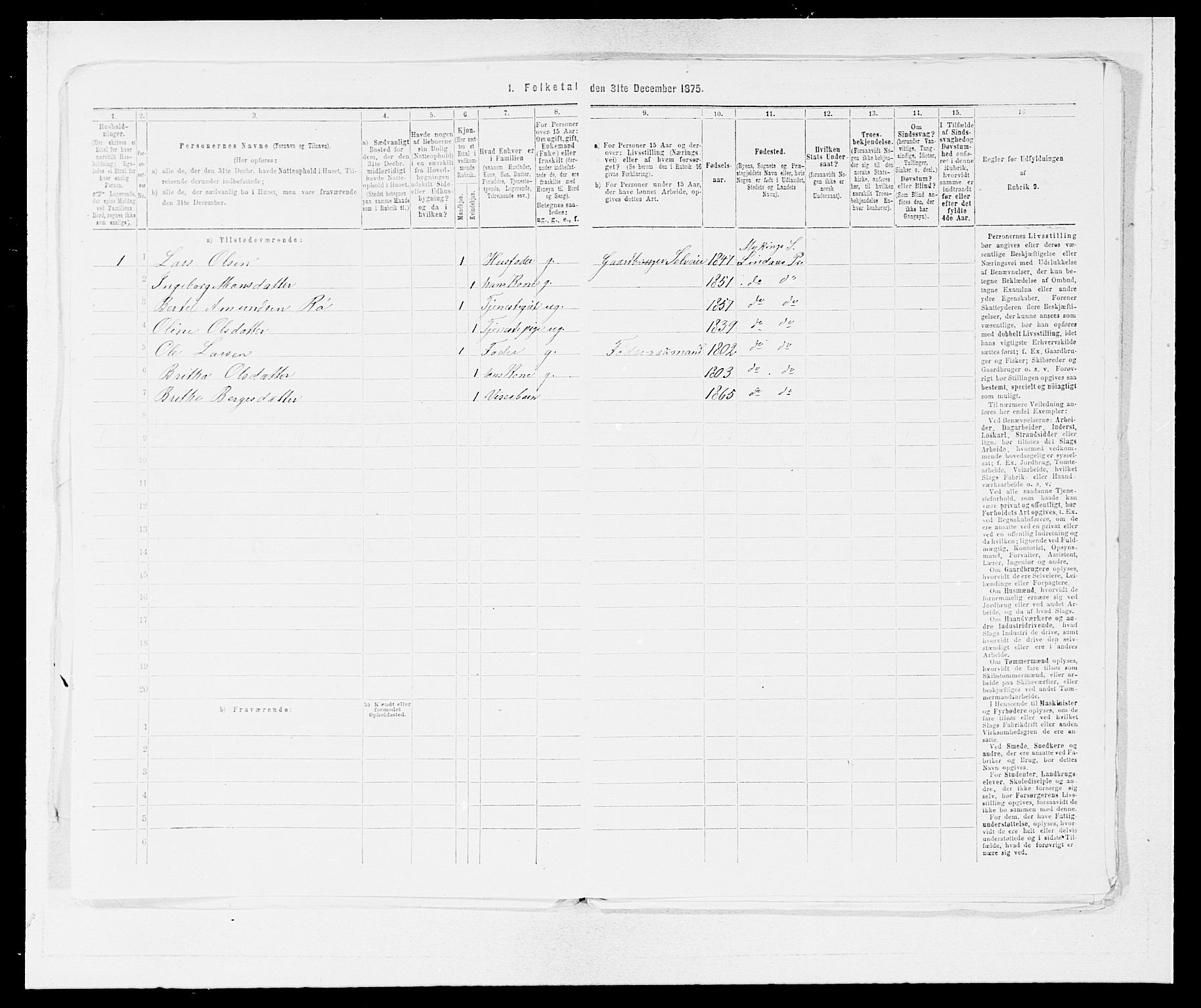 SAB, 1875 census for 1263P Lindås, 1875, p. 821