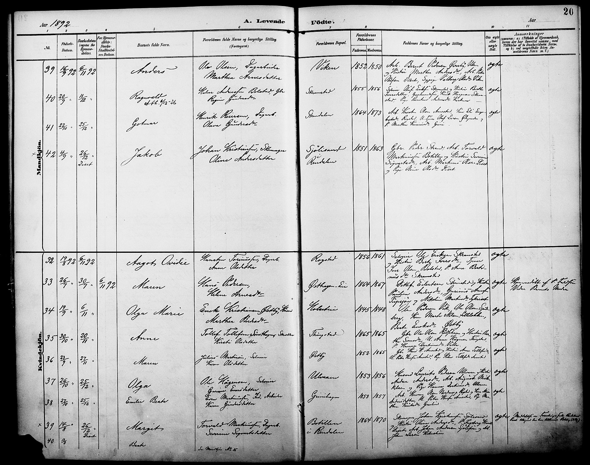 Åmot prestekontor, Hedmark, SAH/PREST-056/H/Ha/Haa/L0011: Parish register (official) no. 11, 1890-1897, p. 20