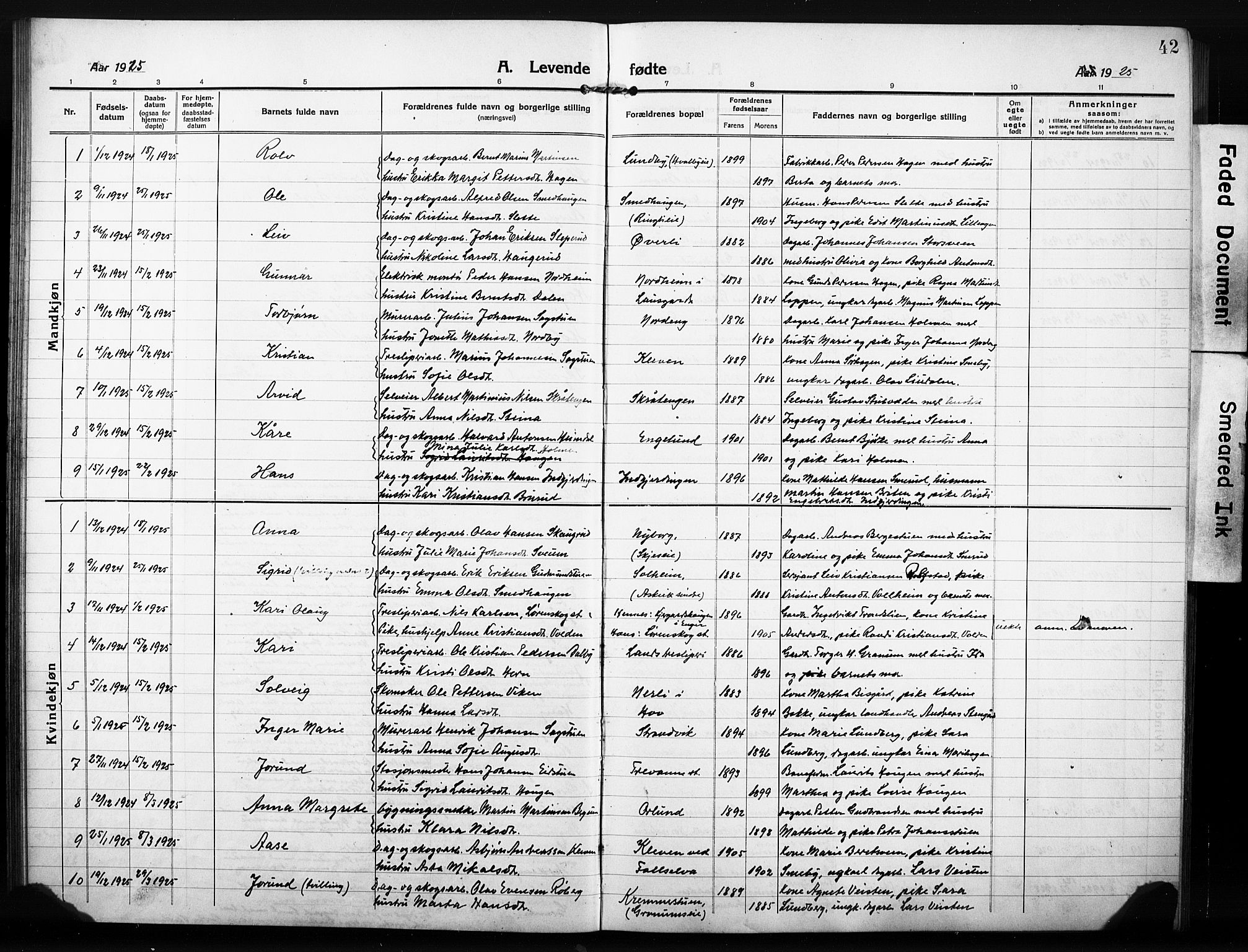 Søndre Land prestekontor, SAH/PREST-122/L/L0007: Parish register (copy) no. 7, 1915-1932, p. 42