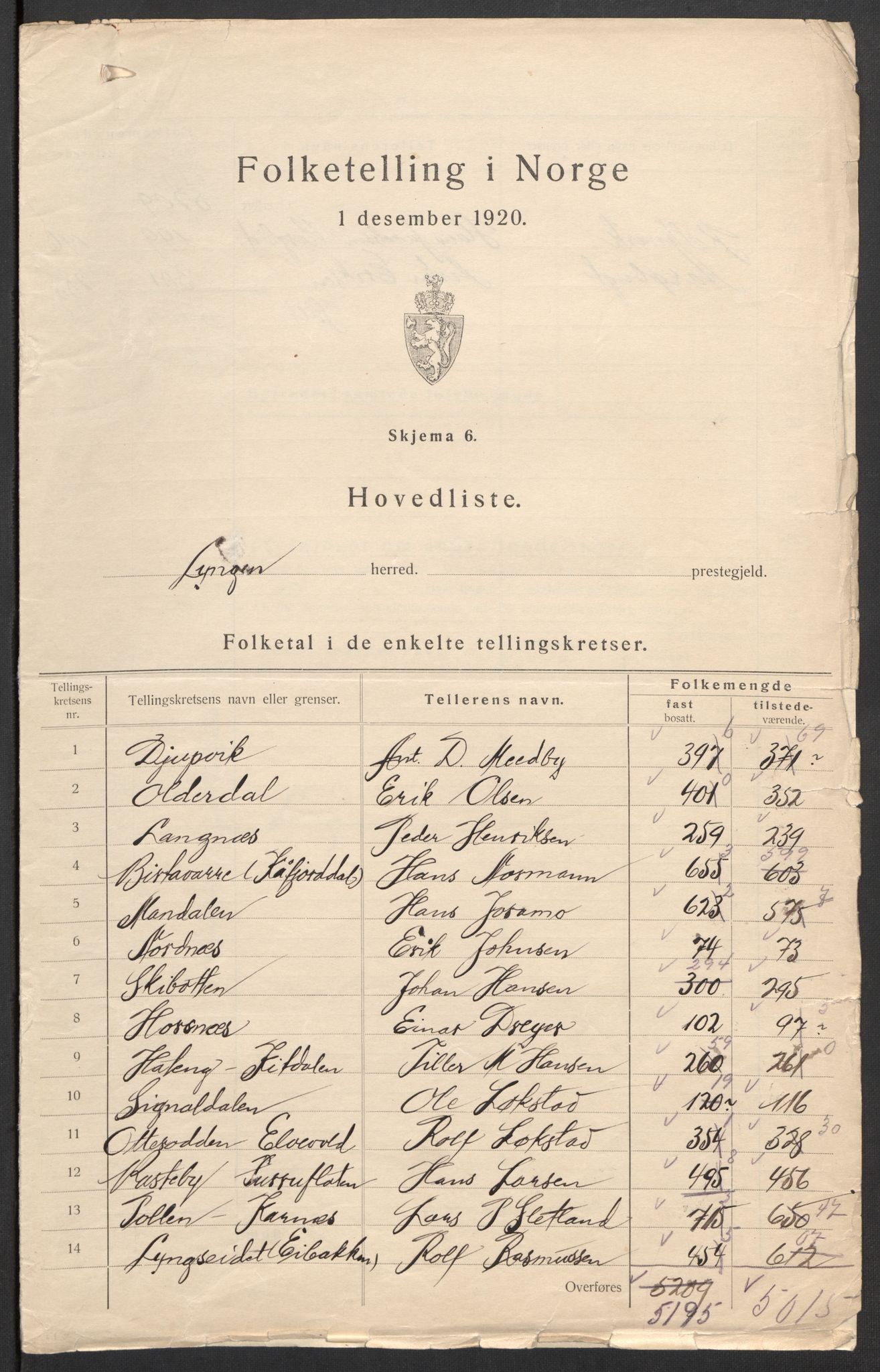 SATØ, 1920 census for Lyngen, 1920, p. 4