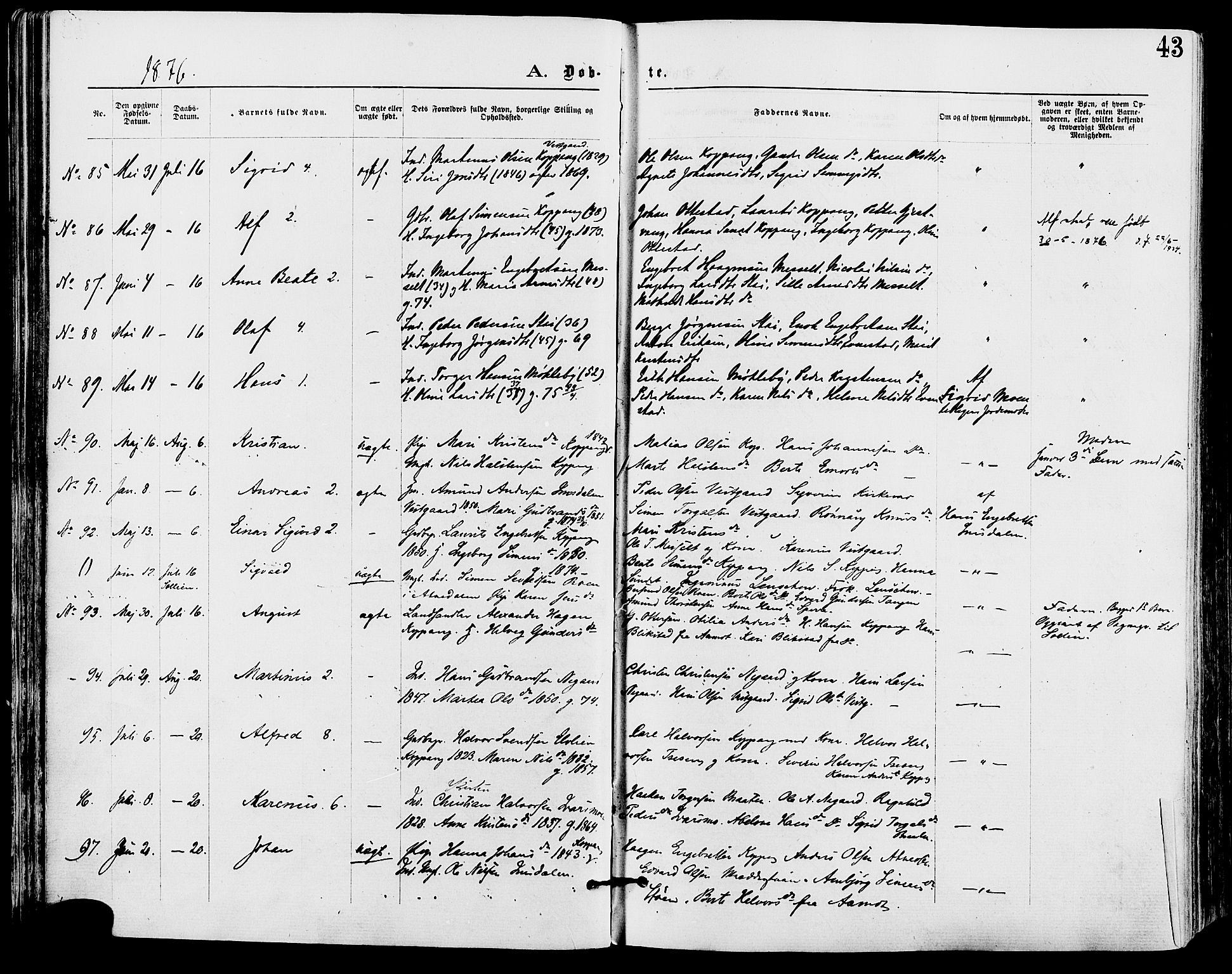 Stor-Elvdal prestekontor, AV/SAH-PREST-052/H/Ha/Haa/L0001: Parish register (official) no. 1, 1871-1882, p. 43