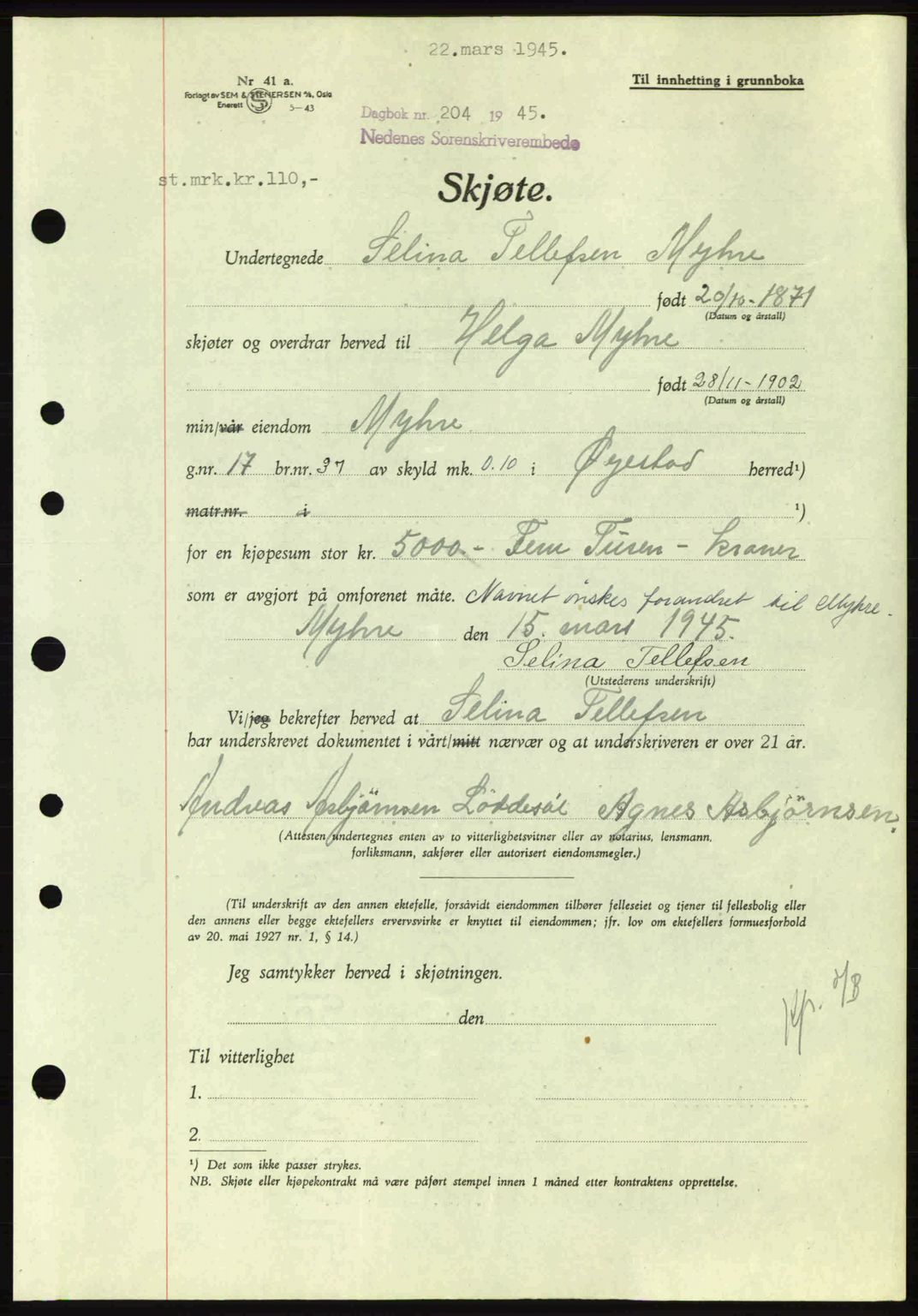 Nedenes sorenskriveri, AV/SAK-1221-0006/G/Gb/Gba/L0052: Mortgage book no. A6a, 1944-1945, Diary no: : 204/1945