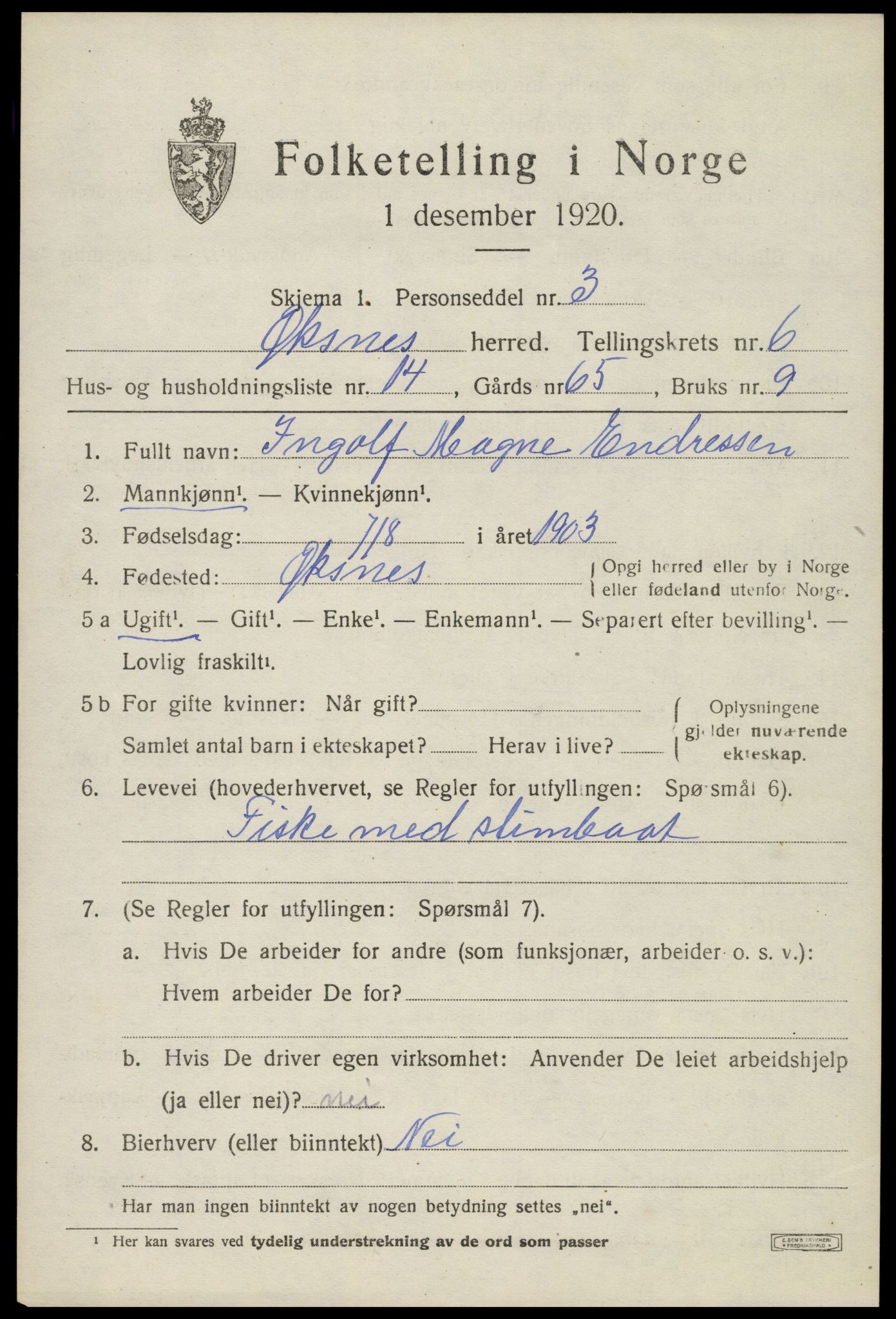 SAT, 1920 census for Øksnes, 1920, p. 5102