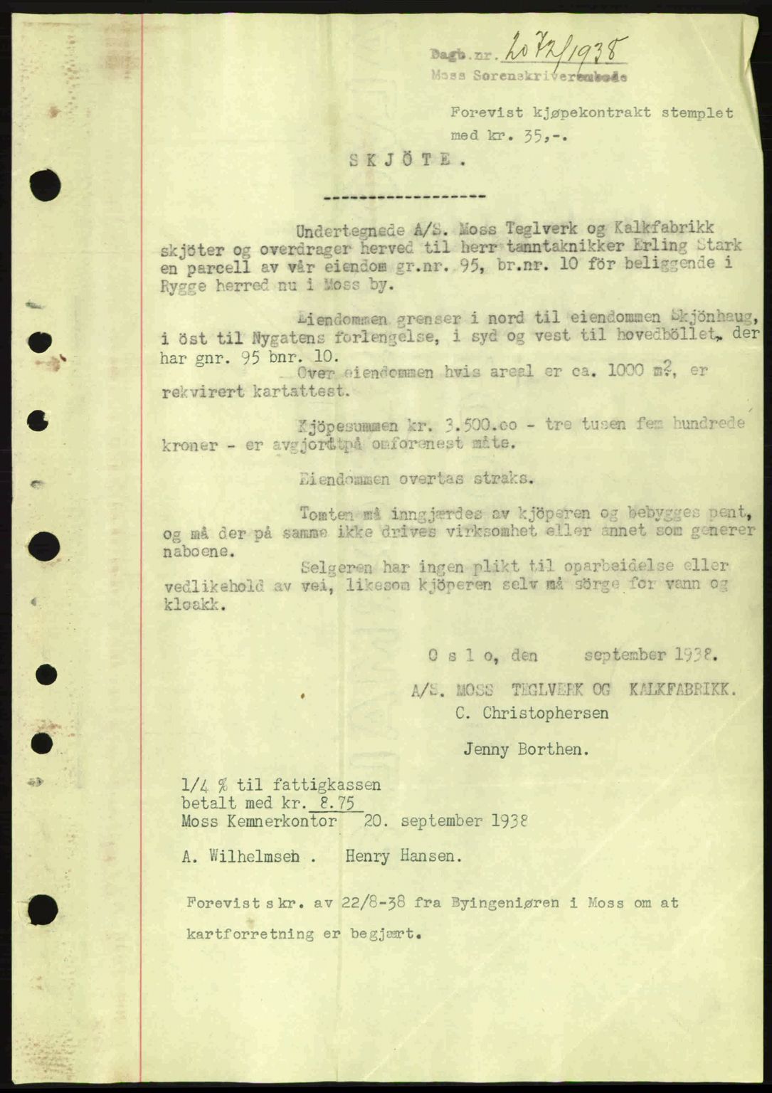 Moss sorenskriveri, SAO/A-10168: Mortgage book no. A5, 1938-1939, Diary no: : 2072/1938
