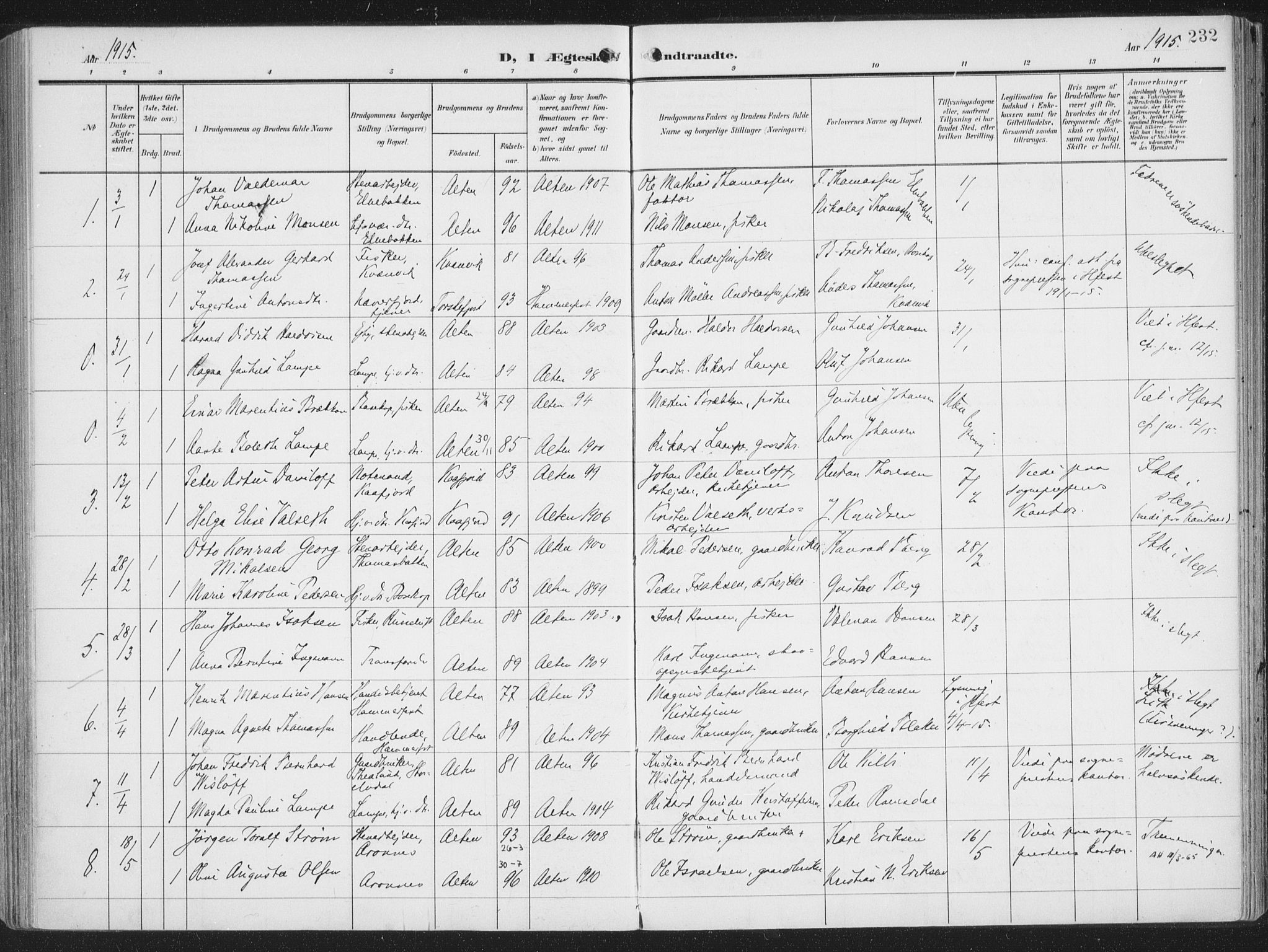 Alta sokneprestkontor, SATØ/S-1338/H/Ha/L0005.kirke: Parish register (official) no. 5, 1904-1918, p. 232