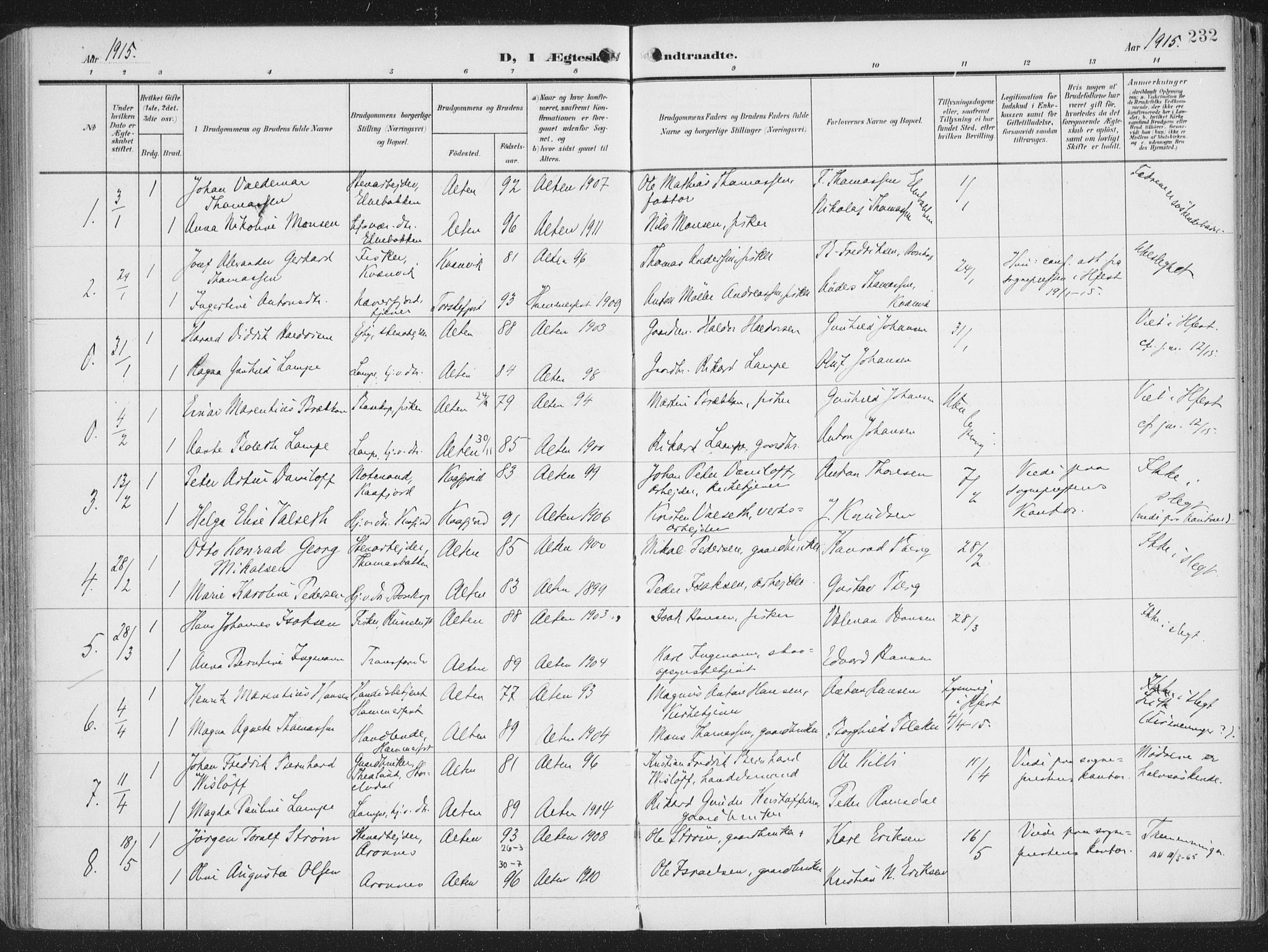 Alta sokneprestkontor, AV/SATØ-S-1338/H/Ha/L0005.kirke: Parish register (official) no. 5, 1904-1918, p. 232