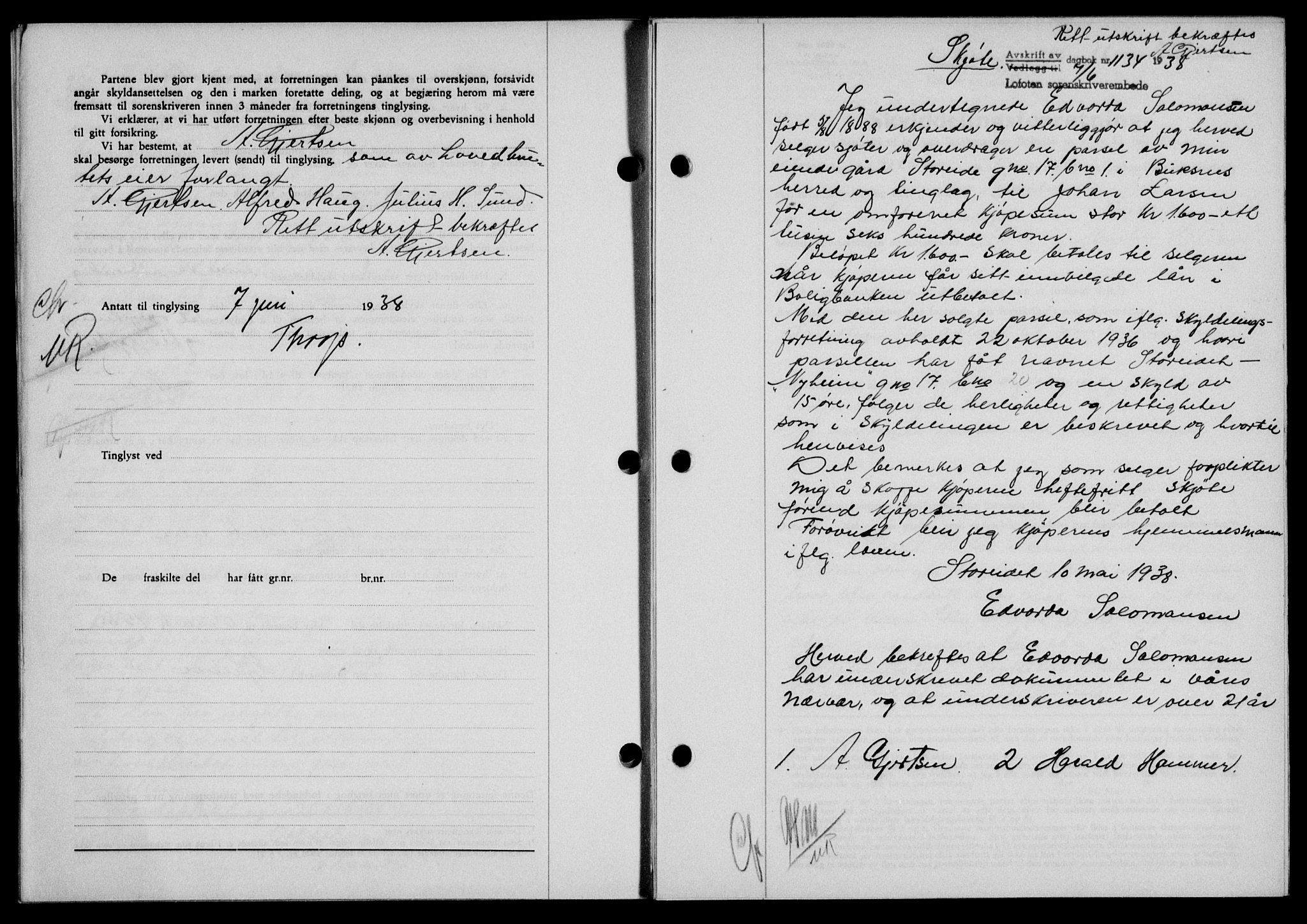 Lofoten sorenskriveri, SAT/A-0017/1/2/2C/L0004a: Mortgage book no. 4a, 1938-1938, Diary no: : 1134/1938