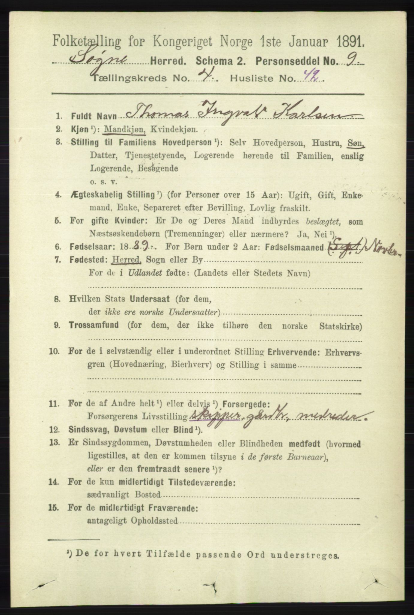 RA, 1891 census for 1018 Søgne, 1891, p. 825