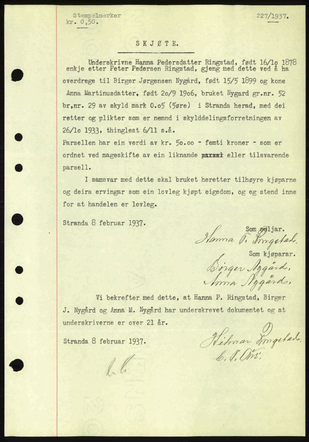 Nordre Sunnmøre sorenskriveri, AV/SAT-A-0006/1/2/2C/2Ca: Mortgage book no. A2, 1936-1937, Diary no: : 227/1937