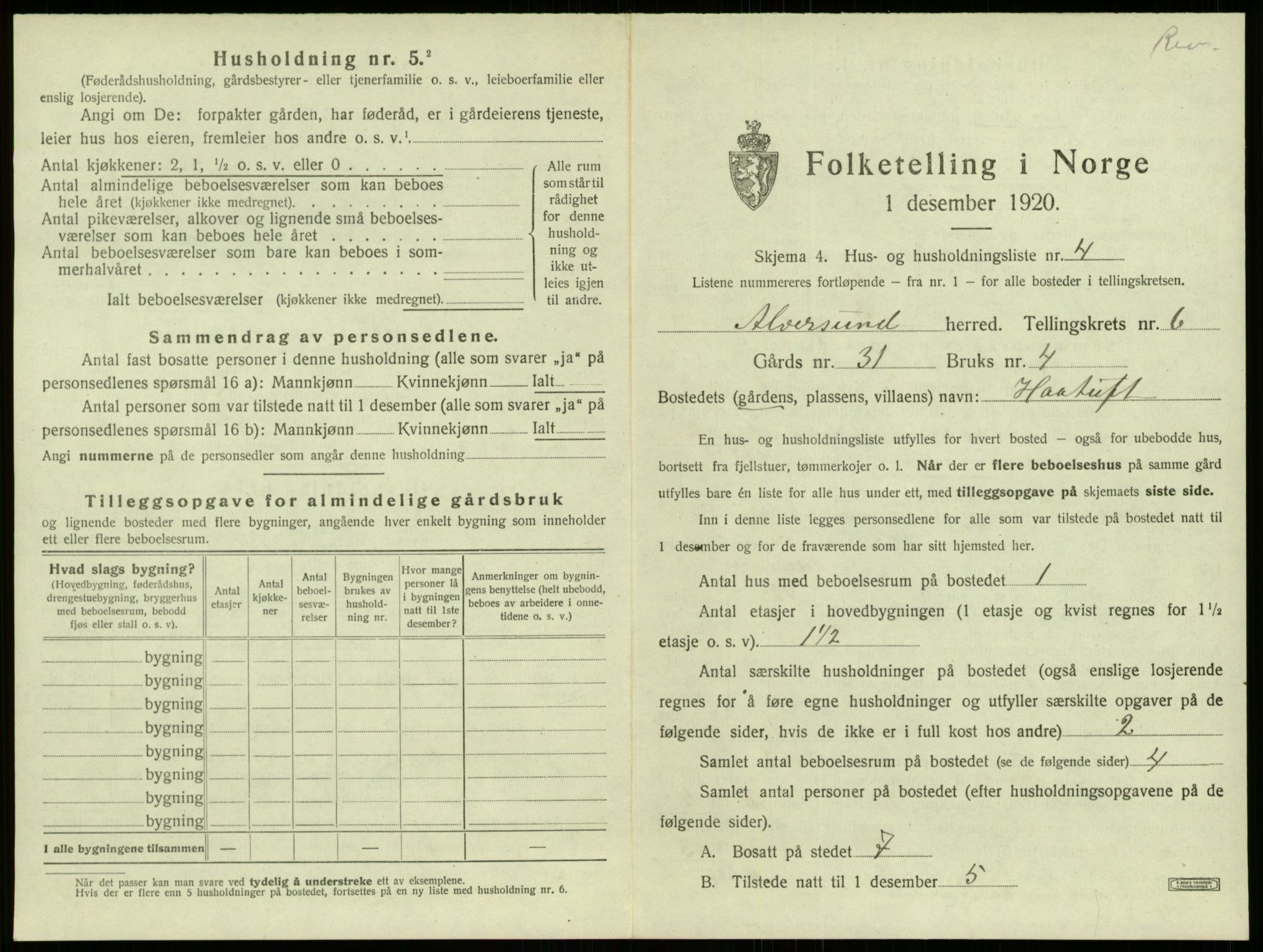 SAB, 1920 census for Alversund, 1920, p. 523