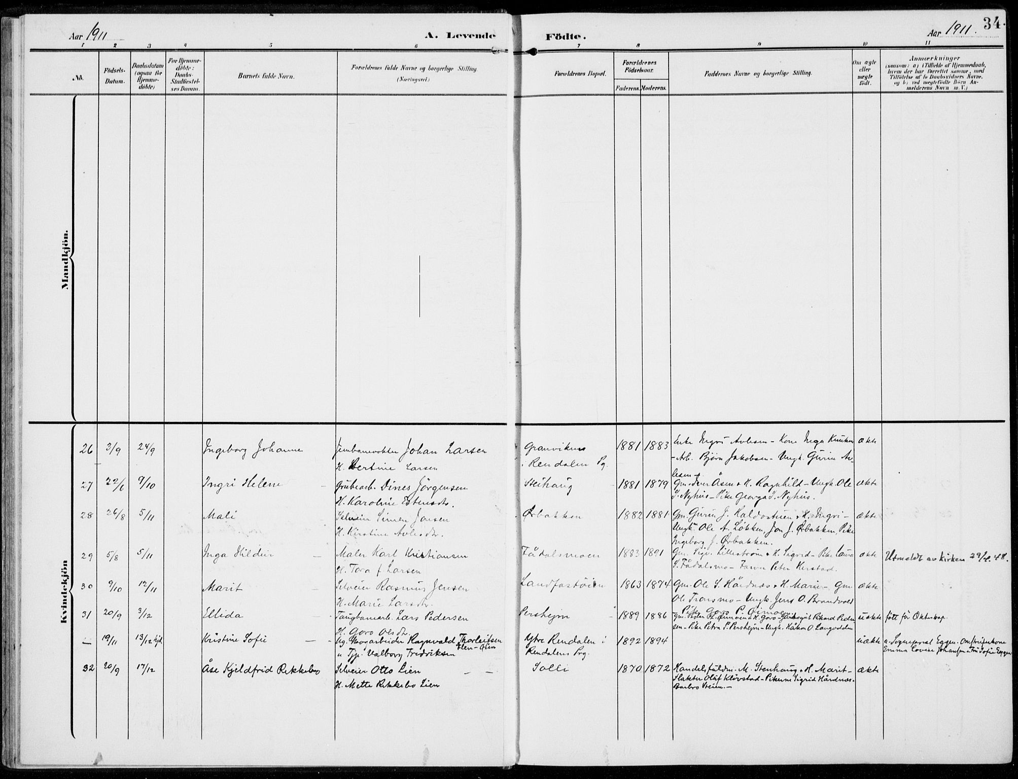 Alvdal prestekontor, AV/SAH-PREST-060/H/Ha/Haa/L0004: Parish register (official) no. 4, 1907-1919, p. 34