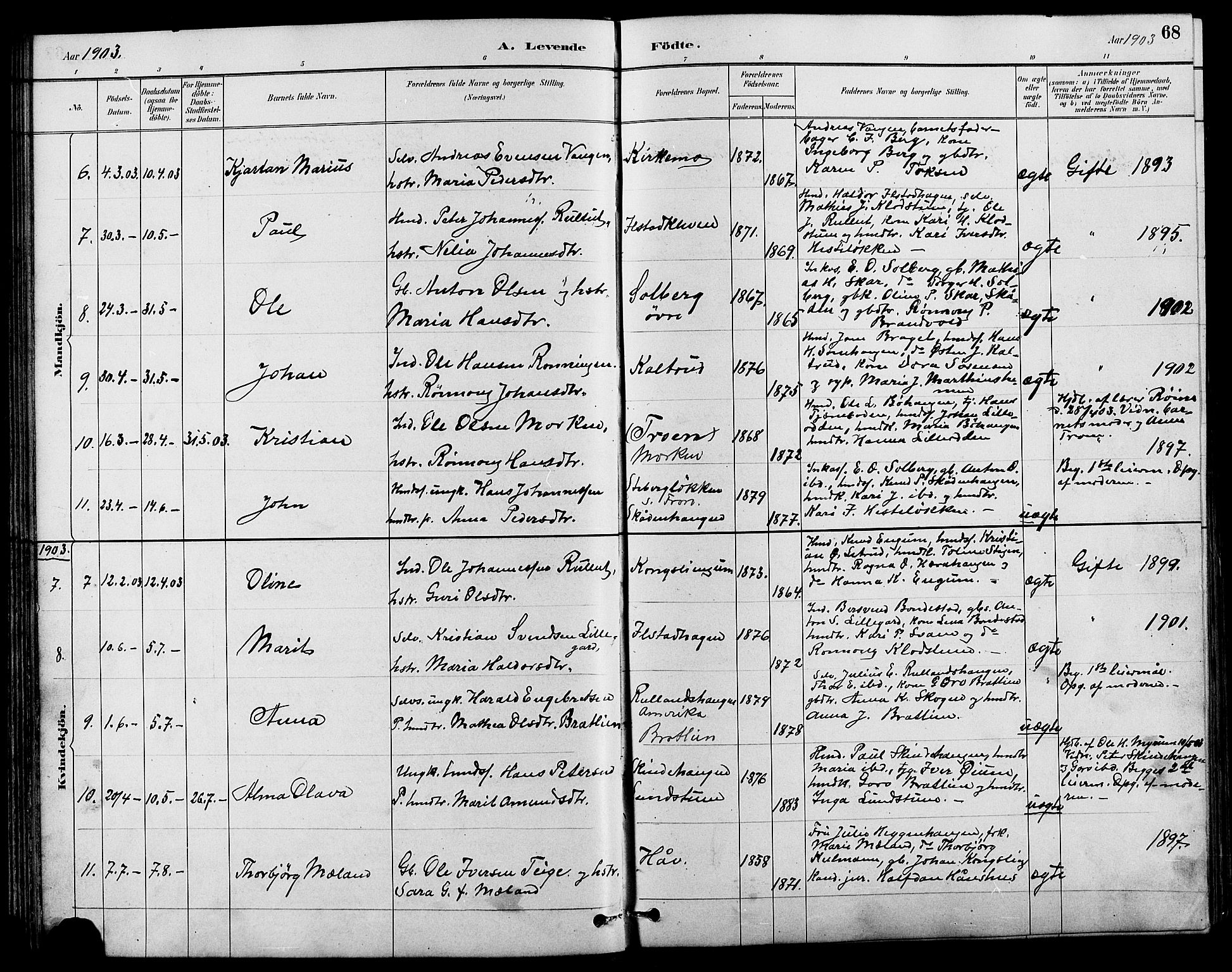 Nord-Fron prestekontor, AV/SAH-PREST-080/H/Ha/Hab/L0004: Parish register (copy) no. 4, 1884-1914, p. 68