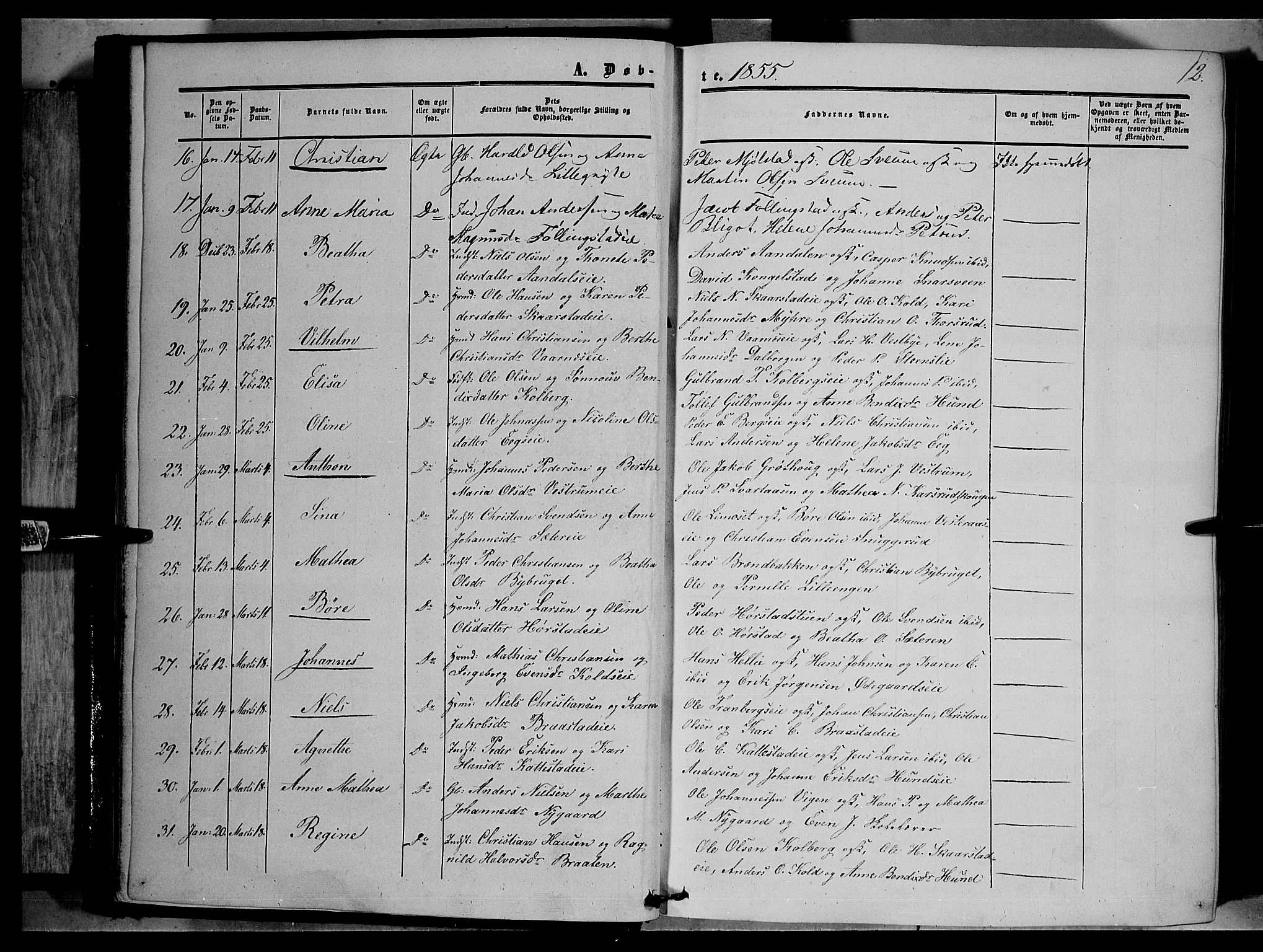 Vardal prestekontor, SAH/PREST-100/H/Ha/Haa/L0006: Parish register (official) no. 6, 1854-1866, p. 12