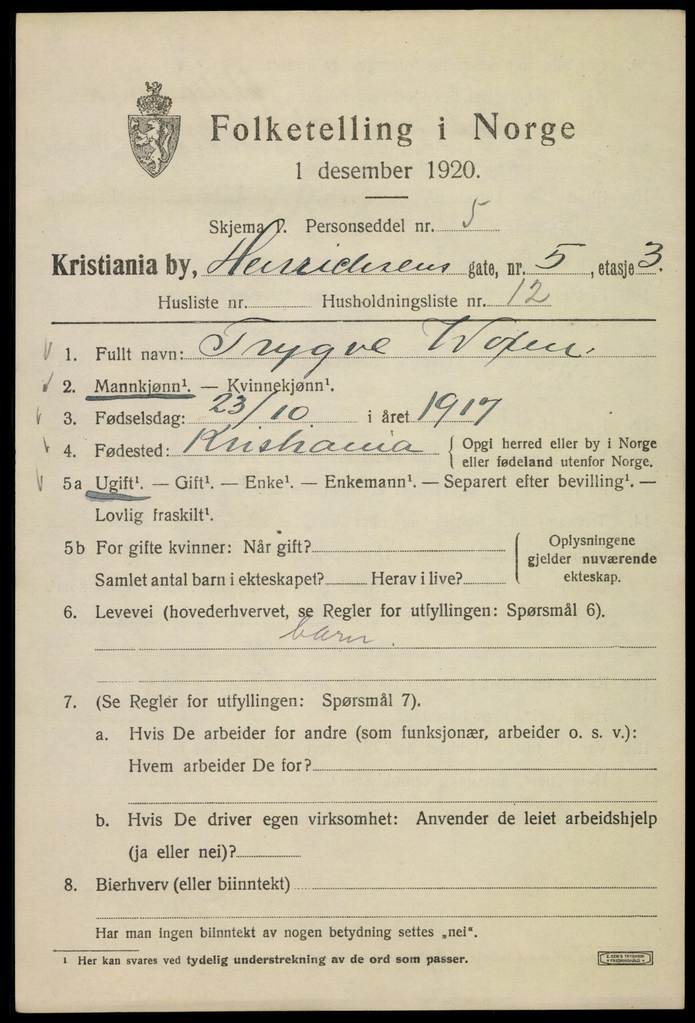 SAO, 1920 census for Kristiania, 1920, p. 286833