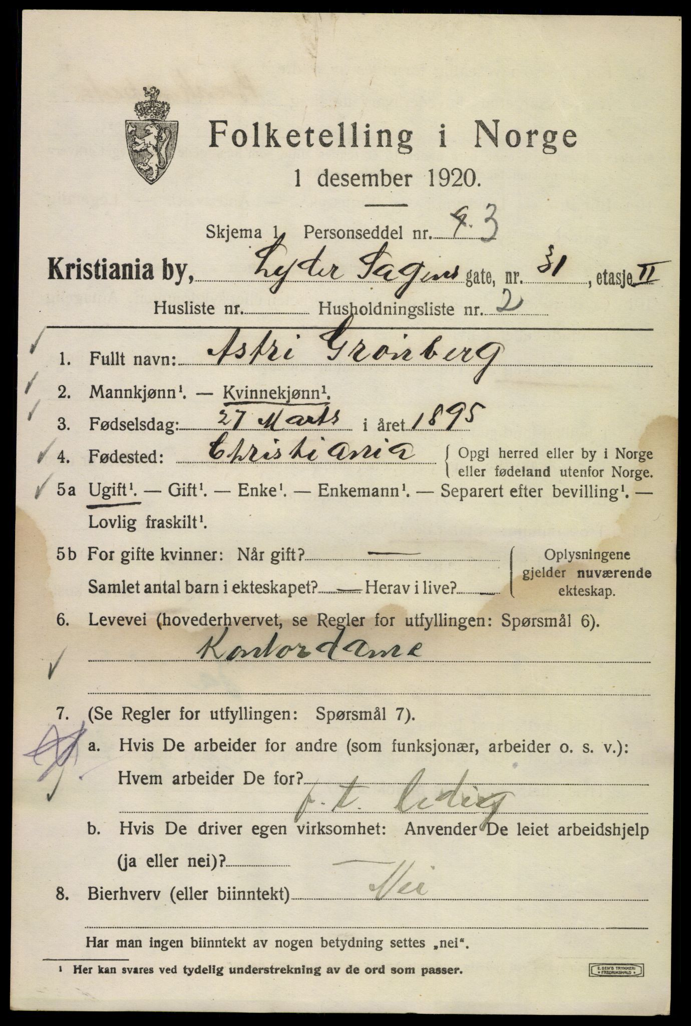 SAO, 1920 census for Kristiania, 1920, p. 366925