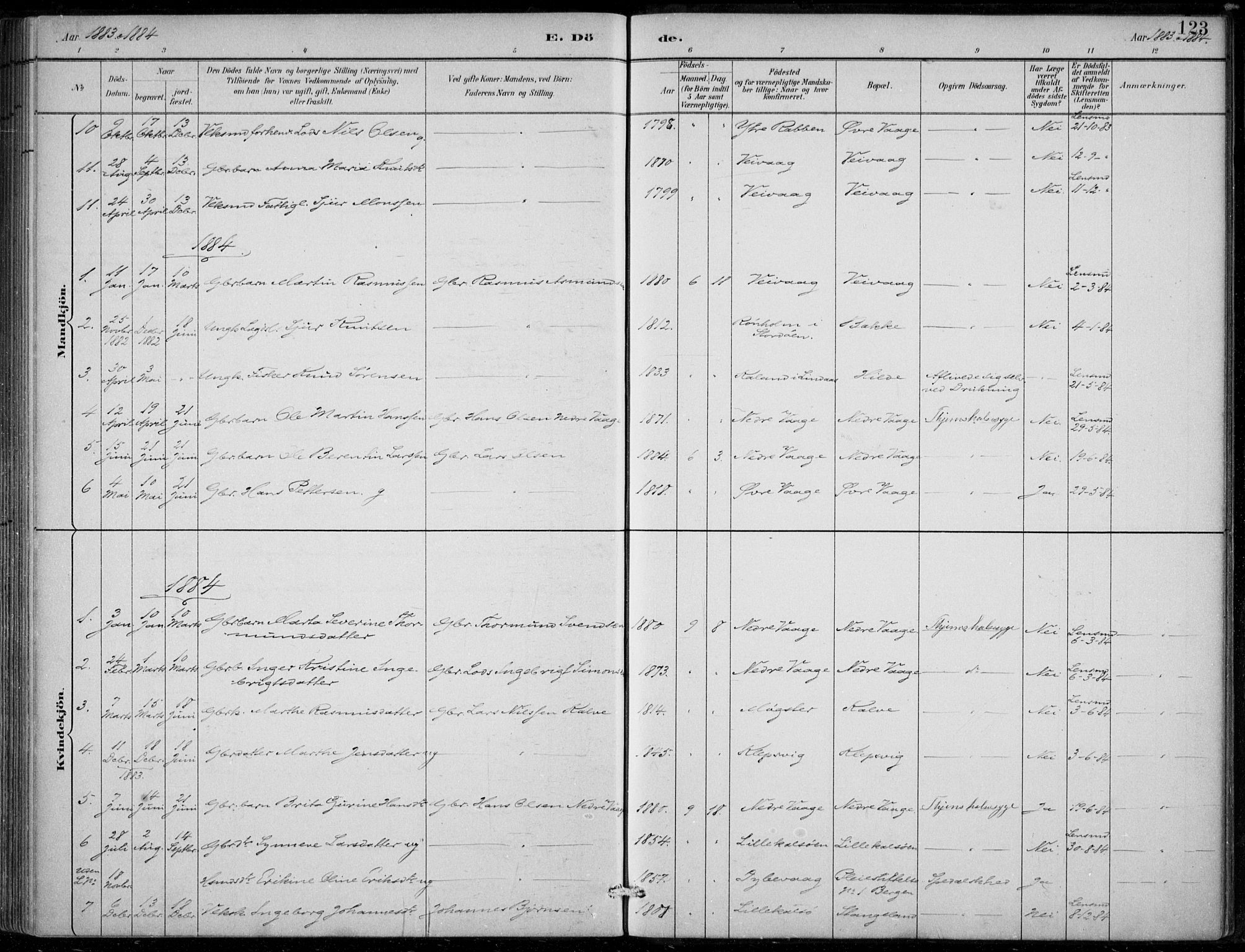 Sund sokneprestembete, AV/SAB-A-99930: Parish register (official) no. D 1, 1882-1899, p. 123