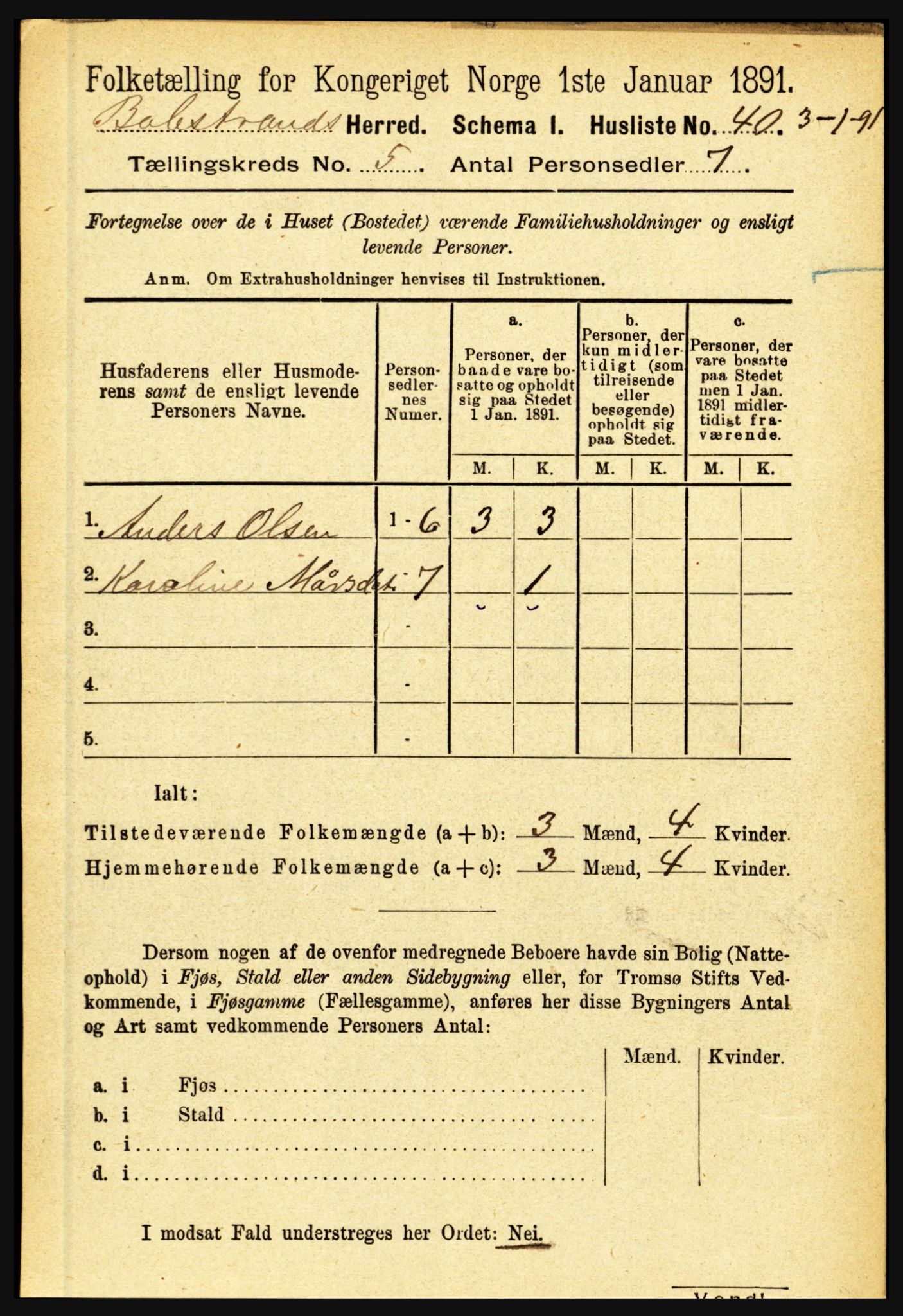RA, 1891 census for 1418 Balestrand, 1891, p. 1108