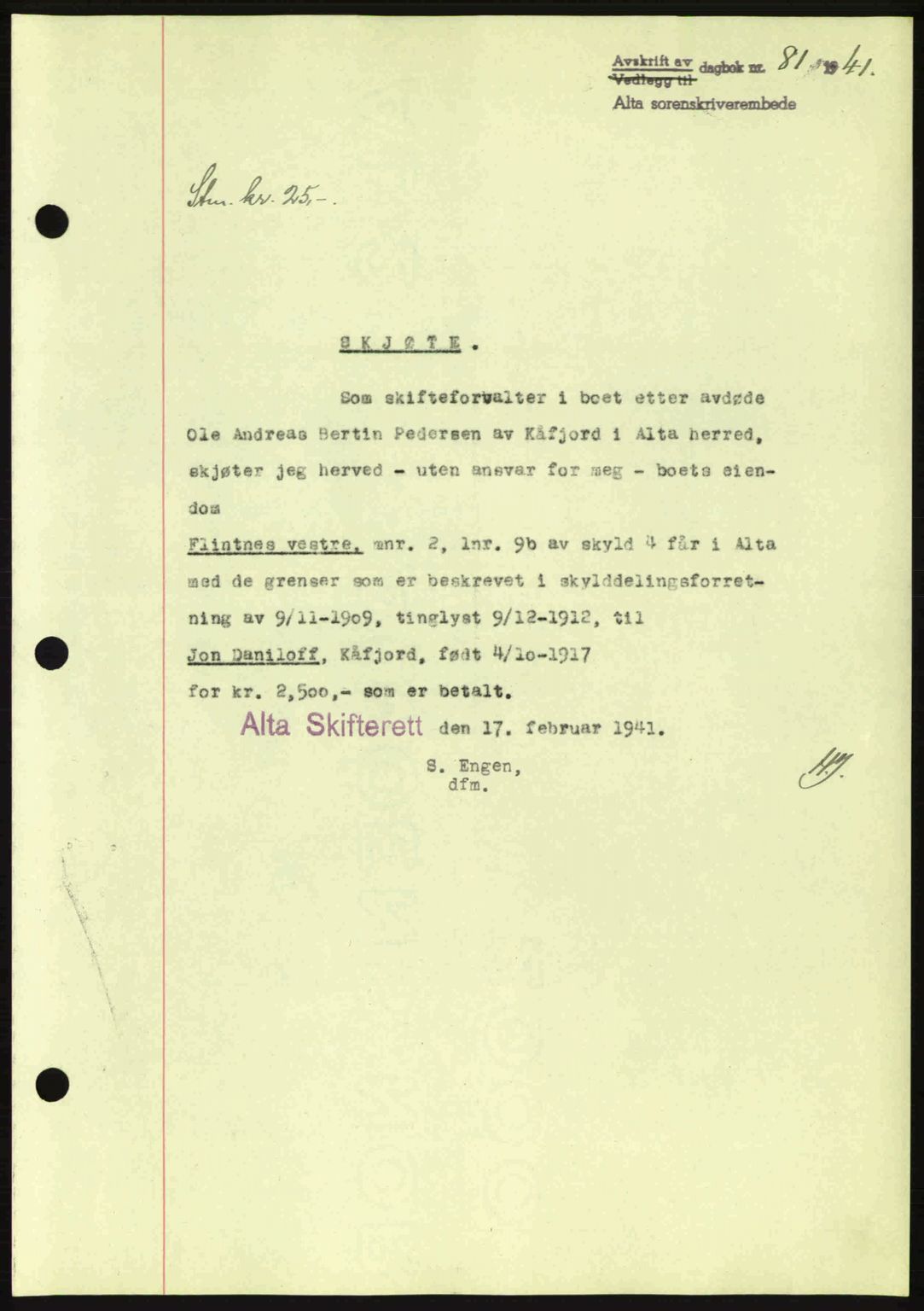 Alta fogderi/sorenskriveri, SATØ/SATØ-5/1/K/Kd/L0033pantebok: Mortgage book no. 33, 1940-1943, Diary no: : 81/1941