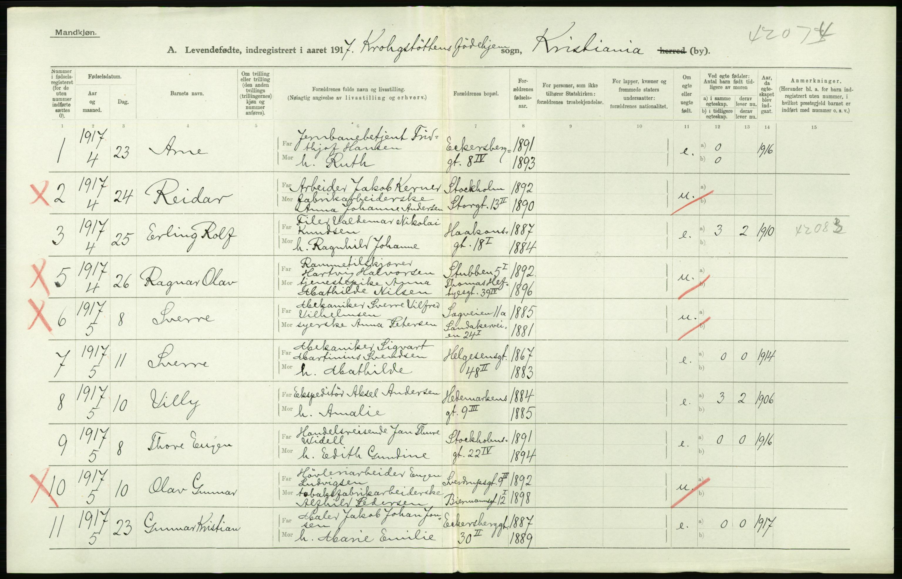 Statistisk sentralbyrå, Sosiodemografiske emner, Befolkning, RA/S-2228/D/Df/Dfb/Dfbg/L0007: Kristiania: Levendefødte menn og kvinner., 1917, p. 810