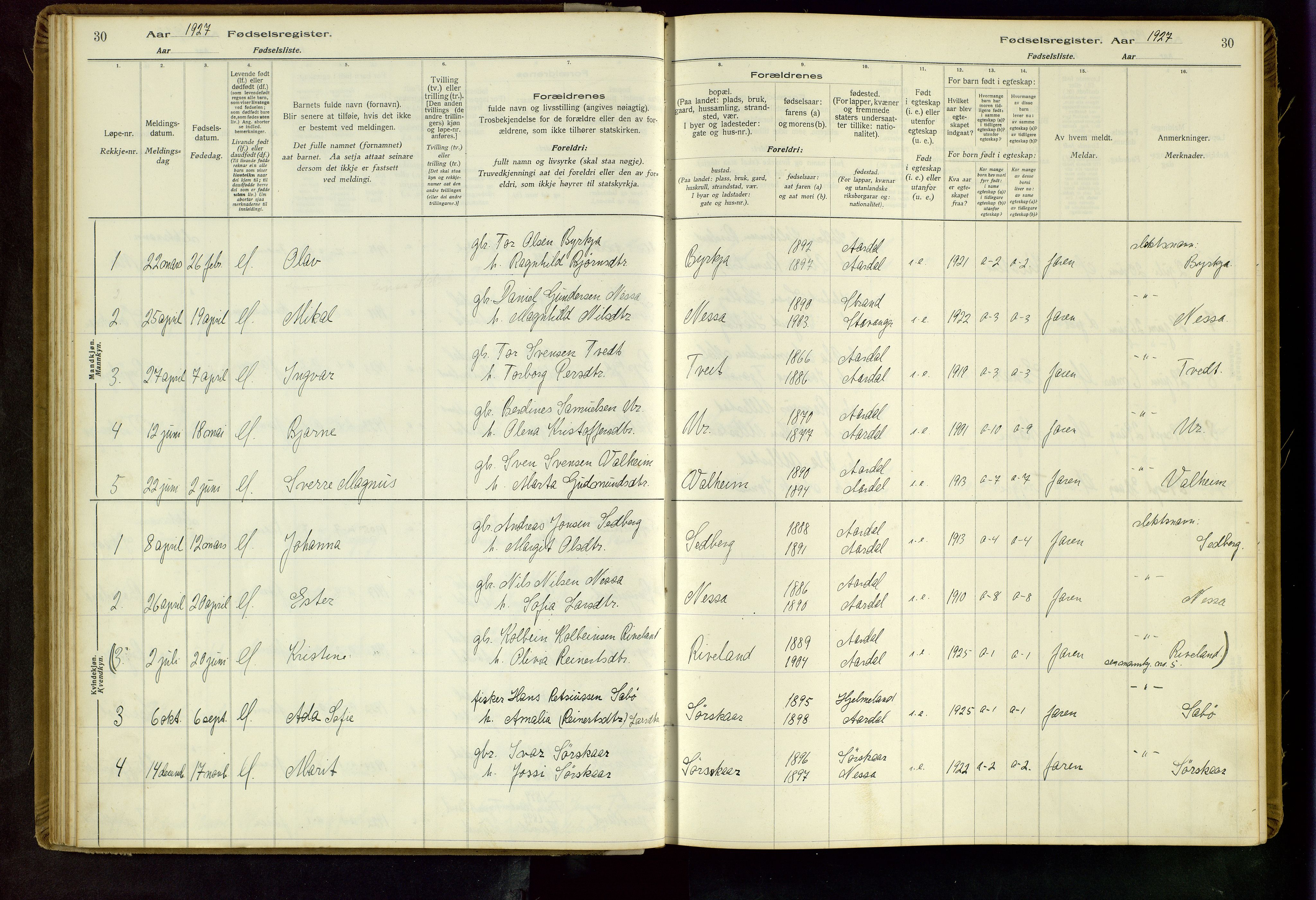 Hjelmeland sokneprestkontor, SAST/A-101843/02/B/L0004: Birth register no. 4, 1997-1997, p. 30