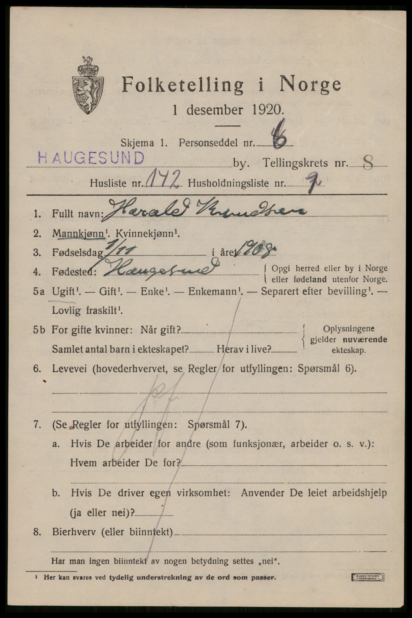 SAST, 1920 census for Haugesund, 1920, p. 30189