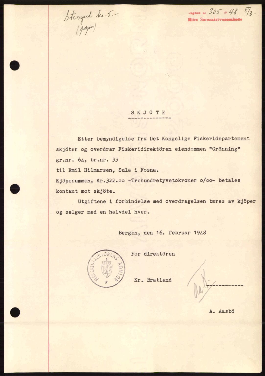 Hitra sorenskriveri, AV/SAT-A-0018/2/2C/2Ca: Mortgage book no. A5, 1947-1948, Diary no: : 305/1948