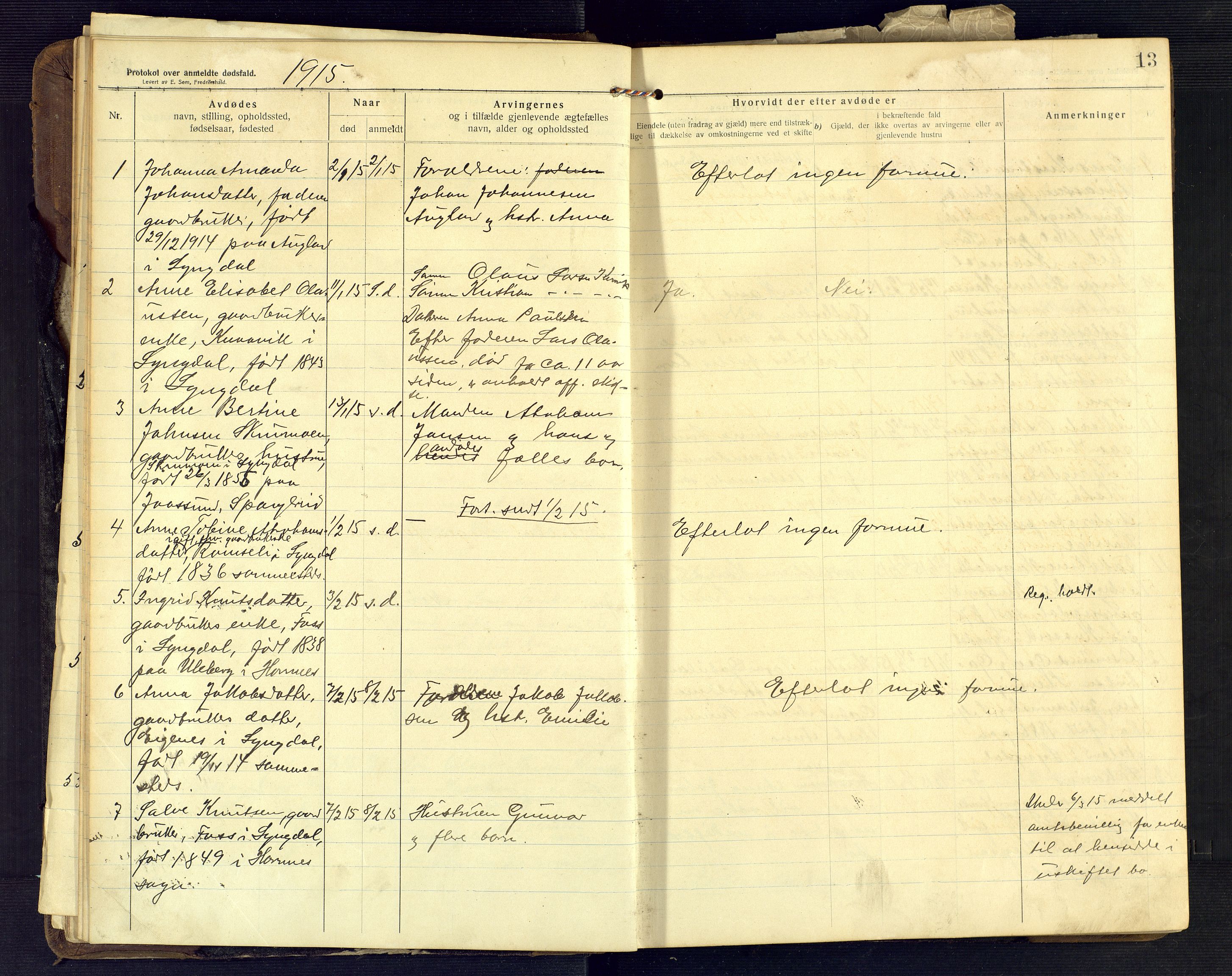 Lyngdal lensmannskontor, AV/SAK-1241-0031/F/Fe/L0001/0003: Dødsfall nr 8 / Dødsfallsprotokoll, 1914-1923, p. 13