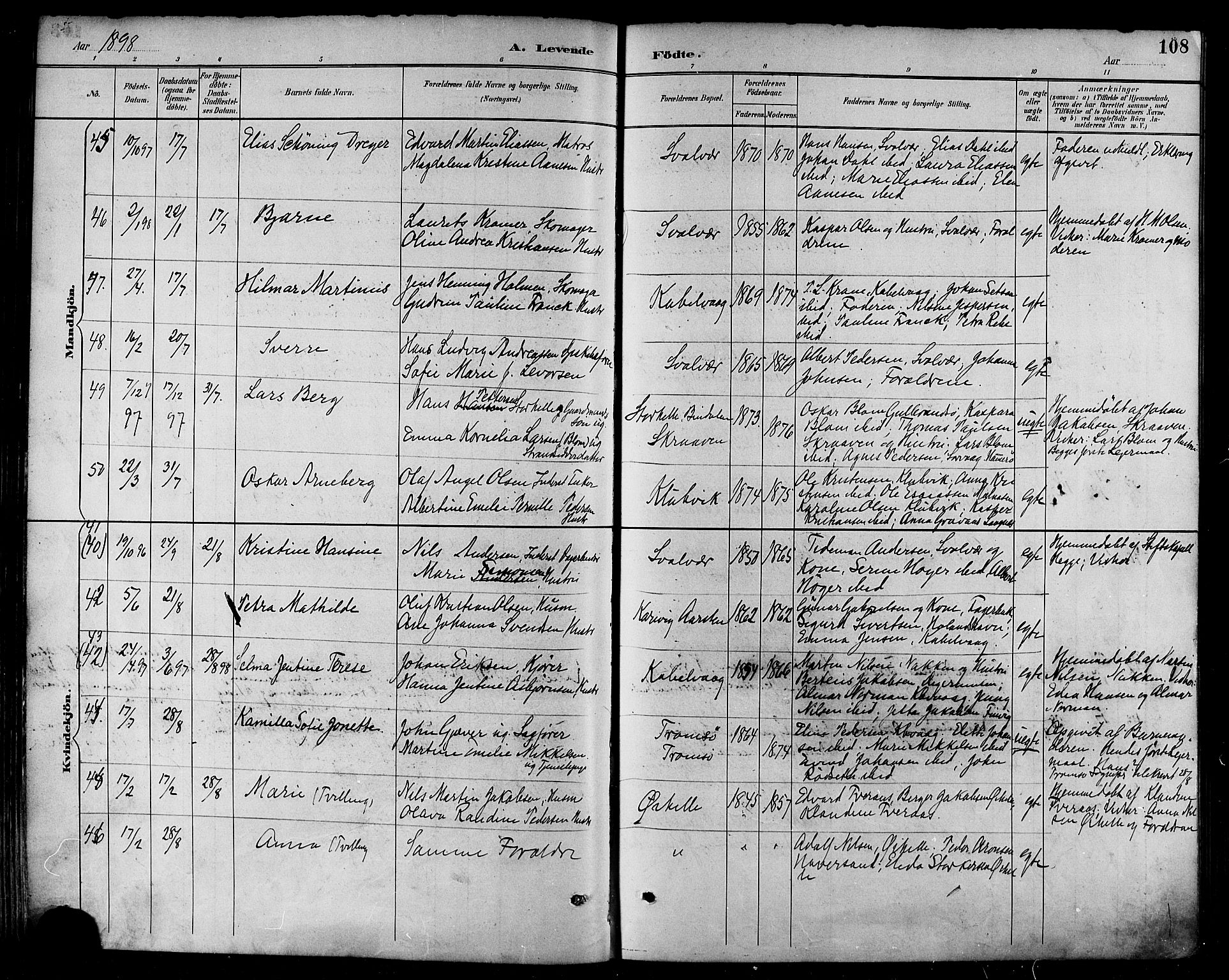 Ministerialprotokoller, klokkerbøker og fødselsregistre - Nordland, AV/SAT-A-1459/874/L1060: Parish register (official) no. 874A04, 1890-1899, p. 108