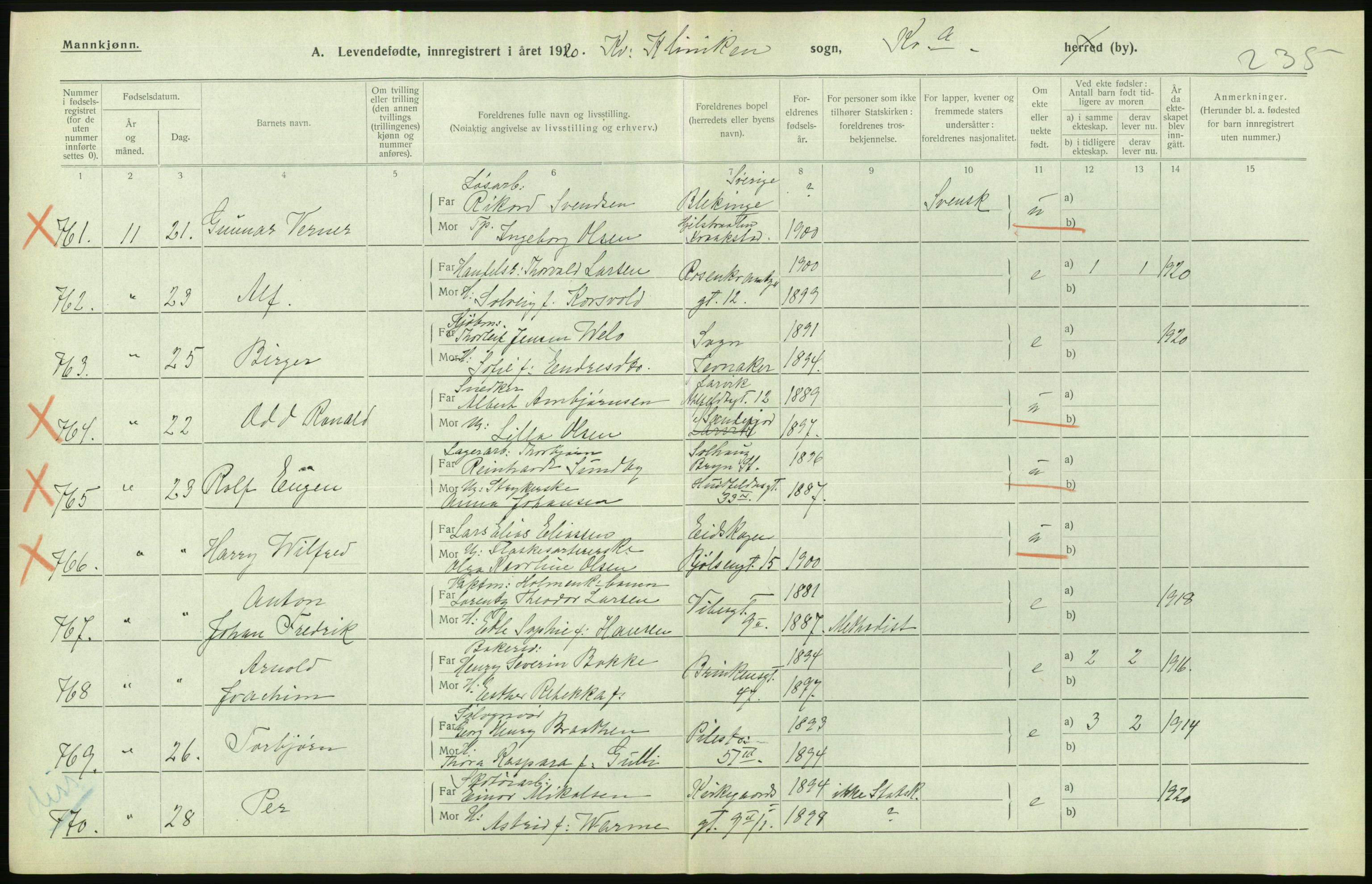 Statistisk sentralbyrå, Sosiodemografiske emner, Befolkning, AV/RA-S-2228/D/Df/Dfb/Dfbj/L0008: Kristiania: Levendefødte menn og kvinner., 1920, p. 482