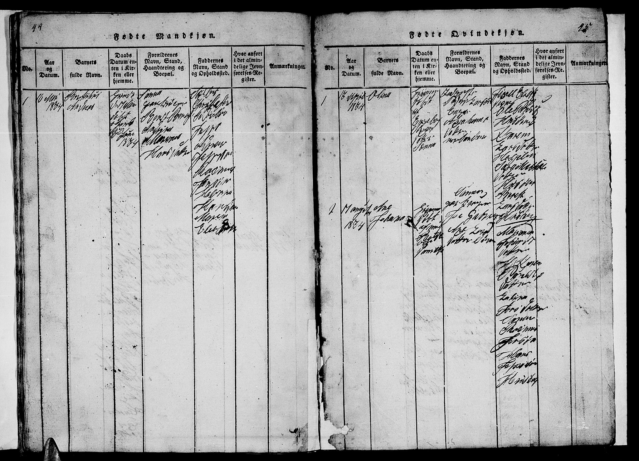 Ministerialprotokoller, klokkerbøker og fødselsregistre - Nordland, AV/SAT-A-1459/840/L0581: Parish register (copy) no. 840C01, 1820-1873, p. 44-45