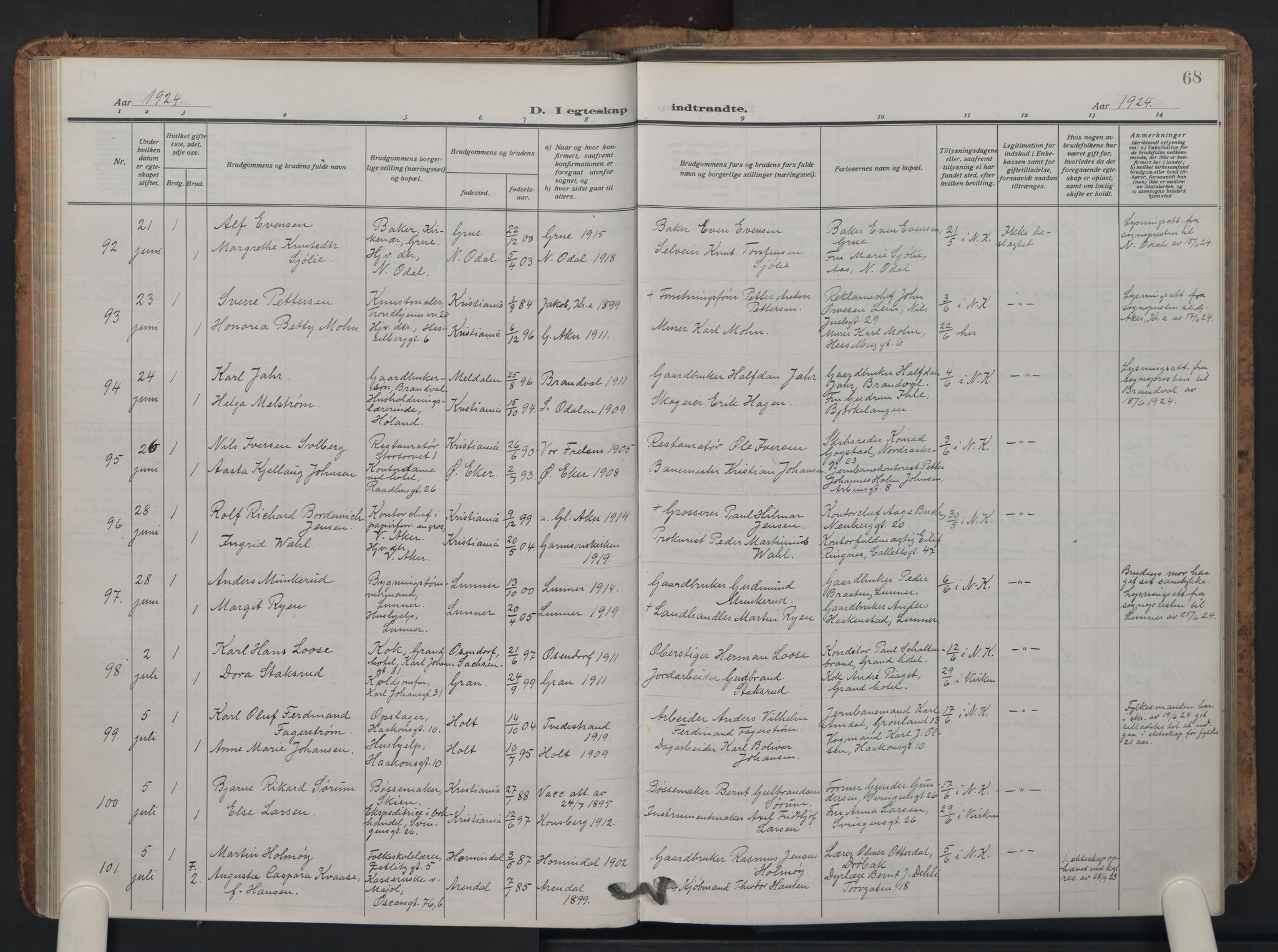 Oslo domkirke Kirkebøker, AV/SAO-A-10752/F/Fa/L0040: Parish register (official) no. 40, 1921-1932, p. 68