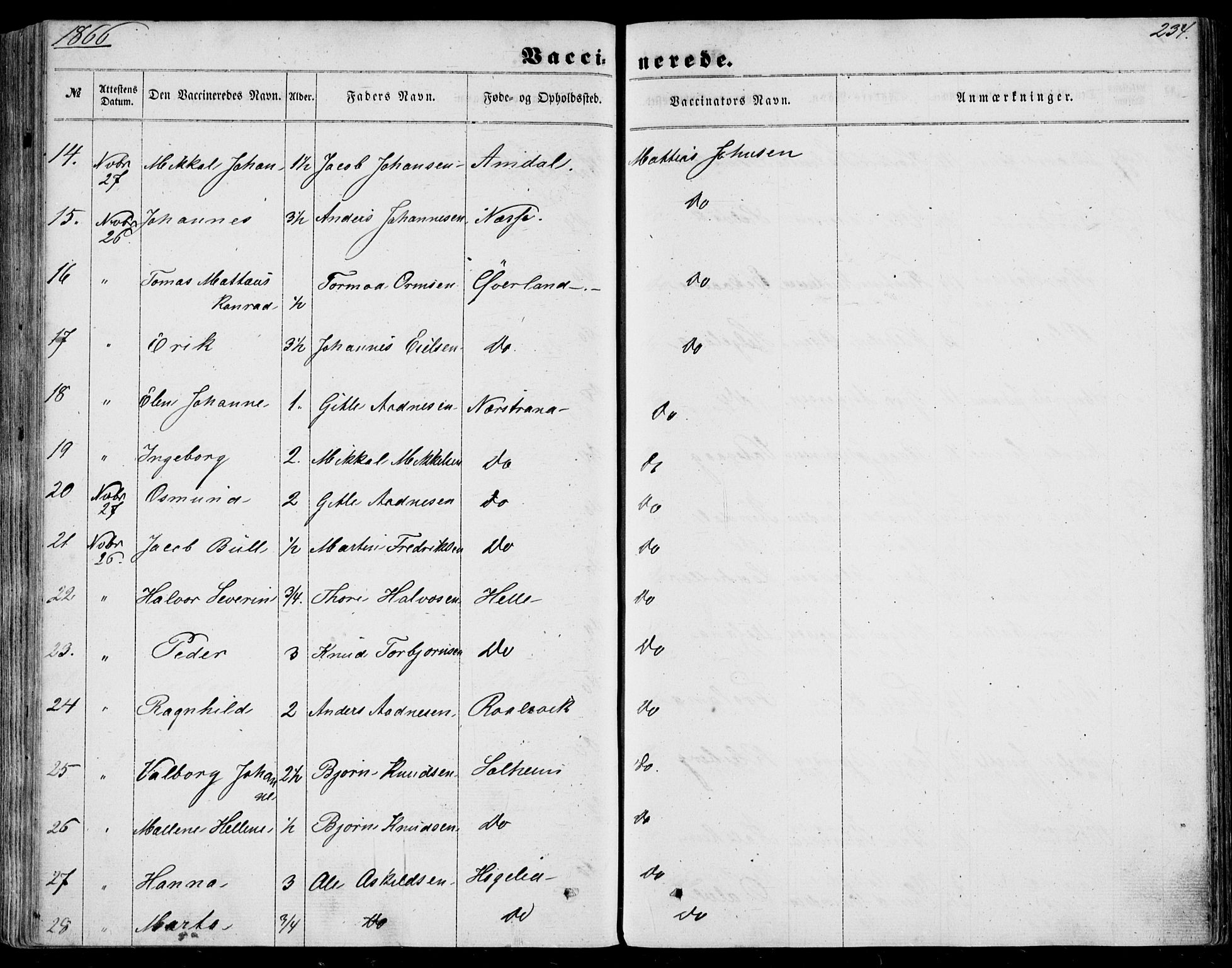 Nedstrand sokneprestkontor, AV/SAST-A-101841/01/IV: Parish register (official) no. A 9, 1861-1876, p. 234