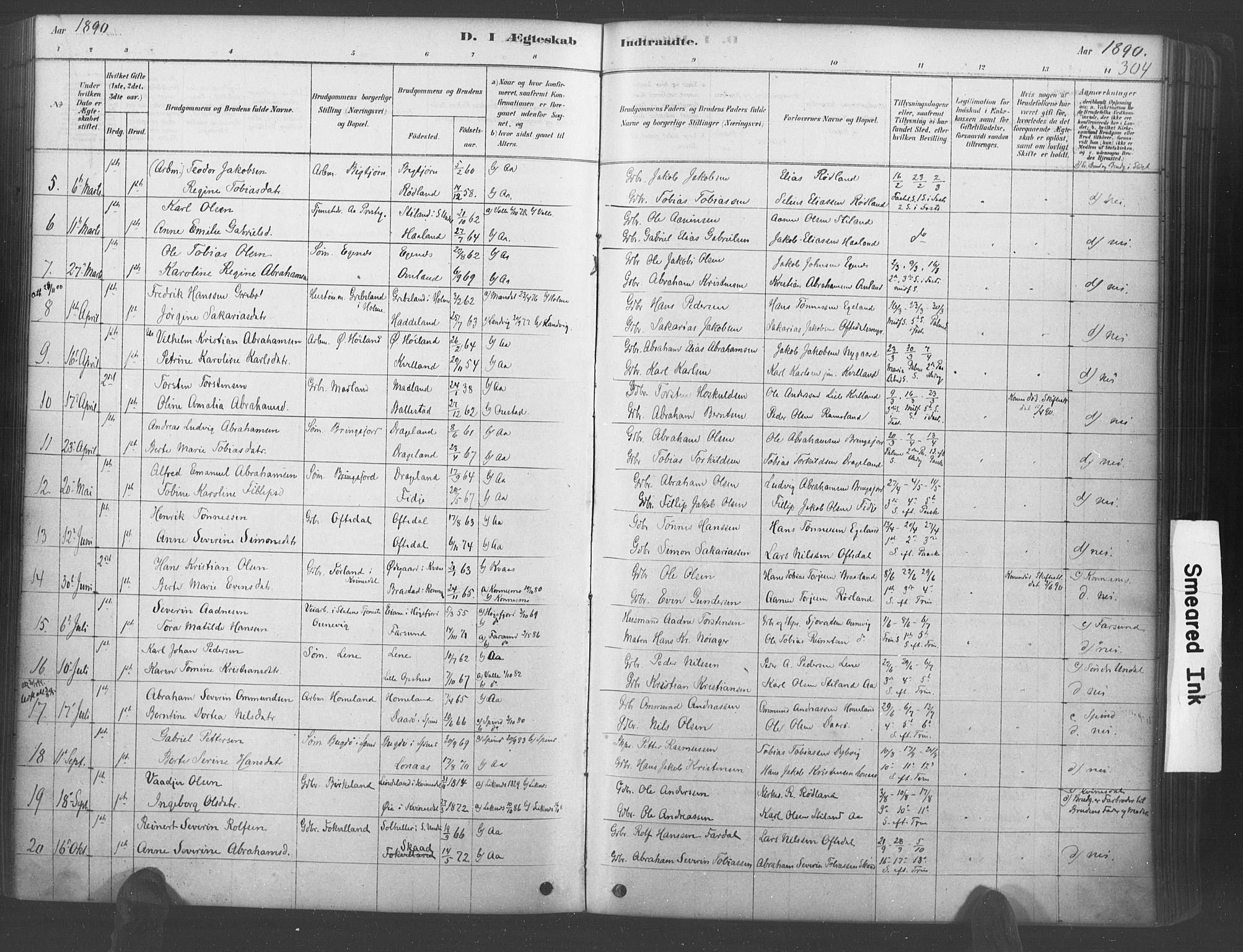 Lyngdal sokneprestkontor, AV/SAK-1111-0029/F/Fa/Fac/L0011: Parish register (official) no. A 11, 1878-1893, p. 304