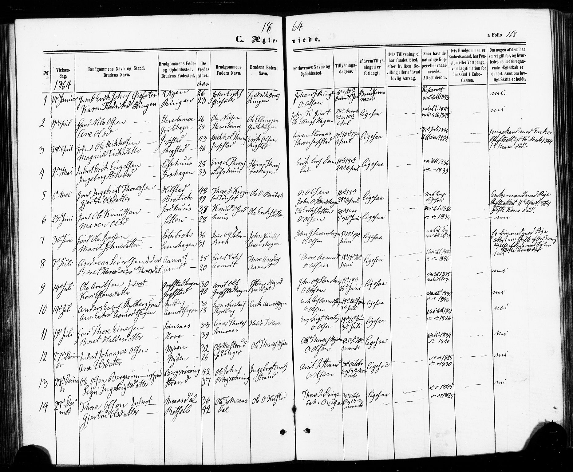Ministerialprotokoller, klokkerbøker og fødselsregistre - Sør-Trøndelag, AV/SAT-A-1456/672/L0856: Parish register (official) no. 672A08, 1861-1881, p. 168
