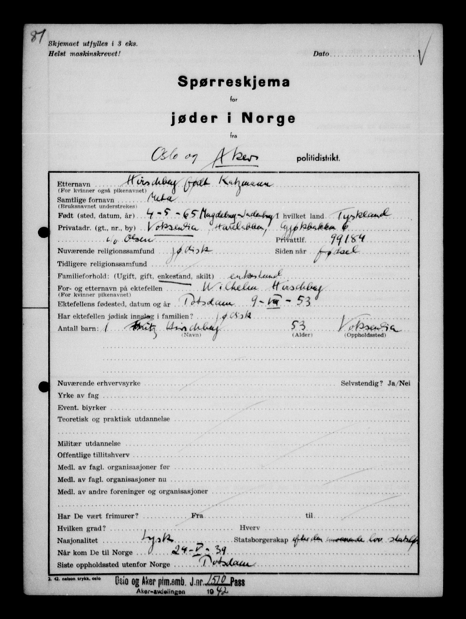 Statspolitiet - Hovedkontoret / Osloavdelingen, AV/RA-S-1329/G/Ga/L0011: Spørreskjema for jøder i Norge. 1: Oslo 610-806 (Plavnik-Zwillinger). 2: Aker 1-113 (Adler-Lewin). , 1942, p. 828