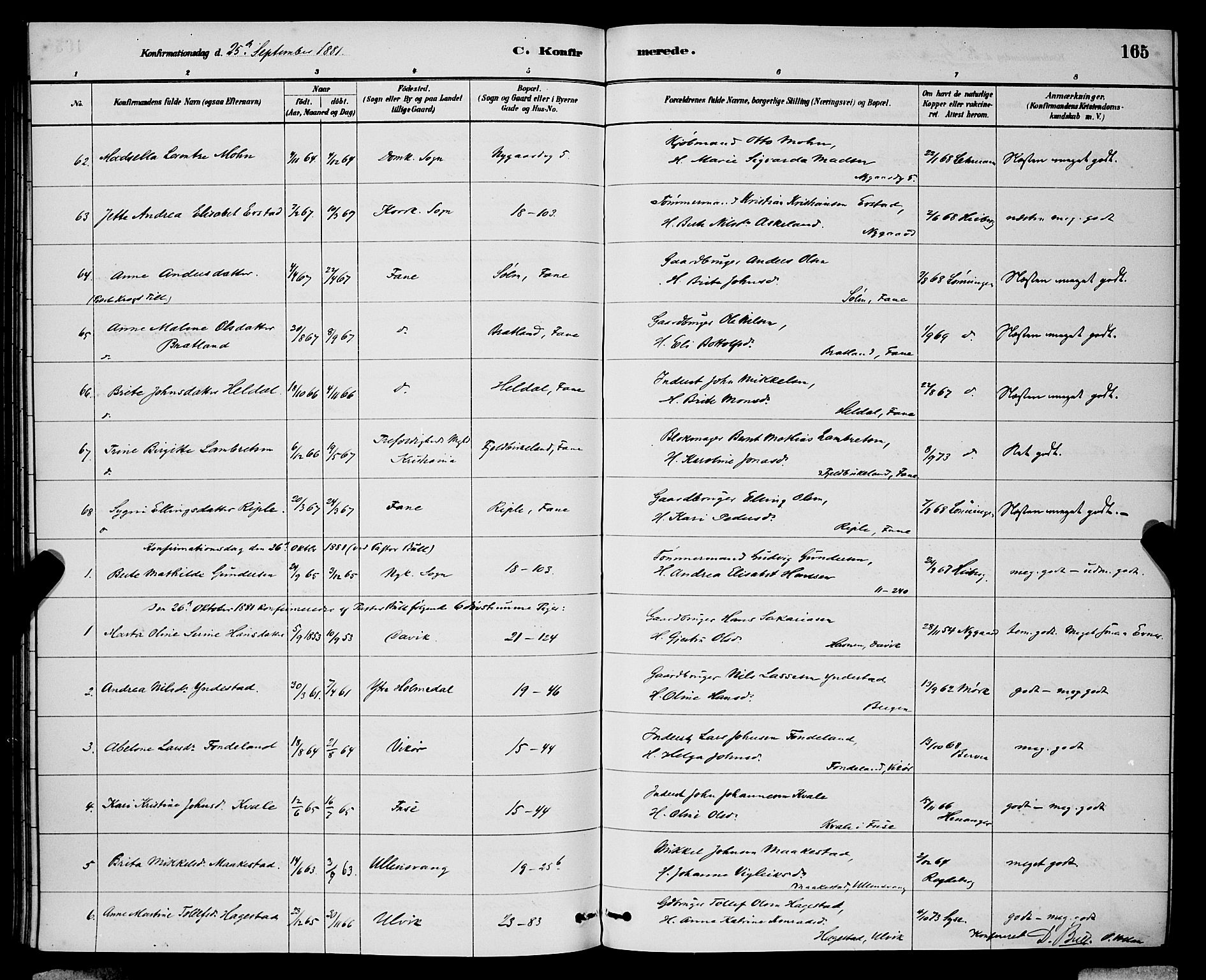 Domkirken sokneprestembete, SAB/A-74801/H/Hab/L0024: Parish register (copy) no. C 4, 1880-1899, p. 165
