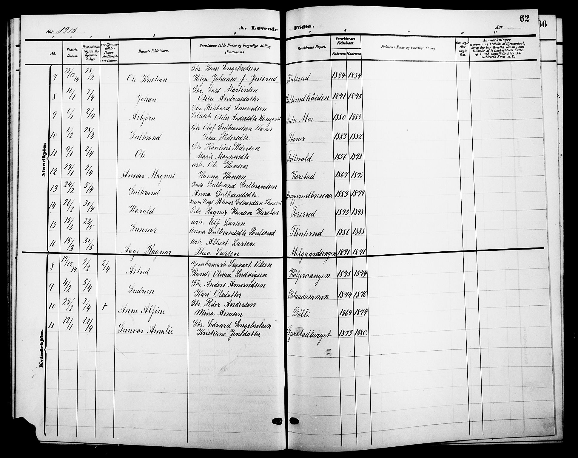 Sør-Odal prestekontor, SAH/PREST-030/H/Ha/Hab/L0005: Parish register (copy) no. 5, 1903-1915, p. 62