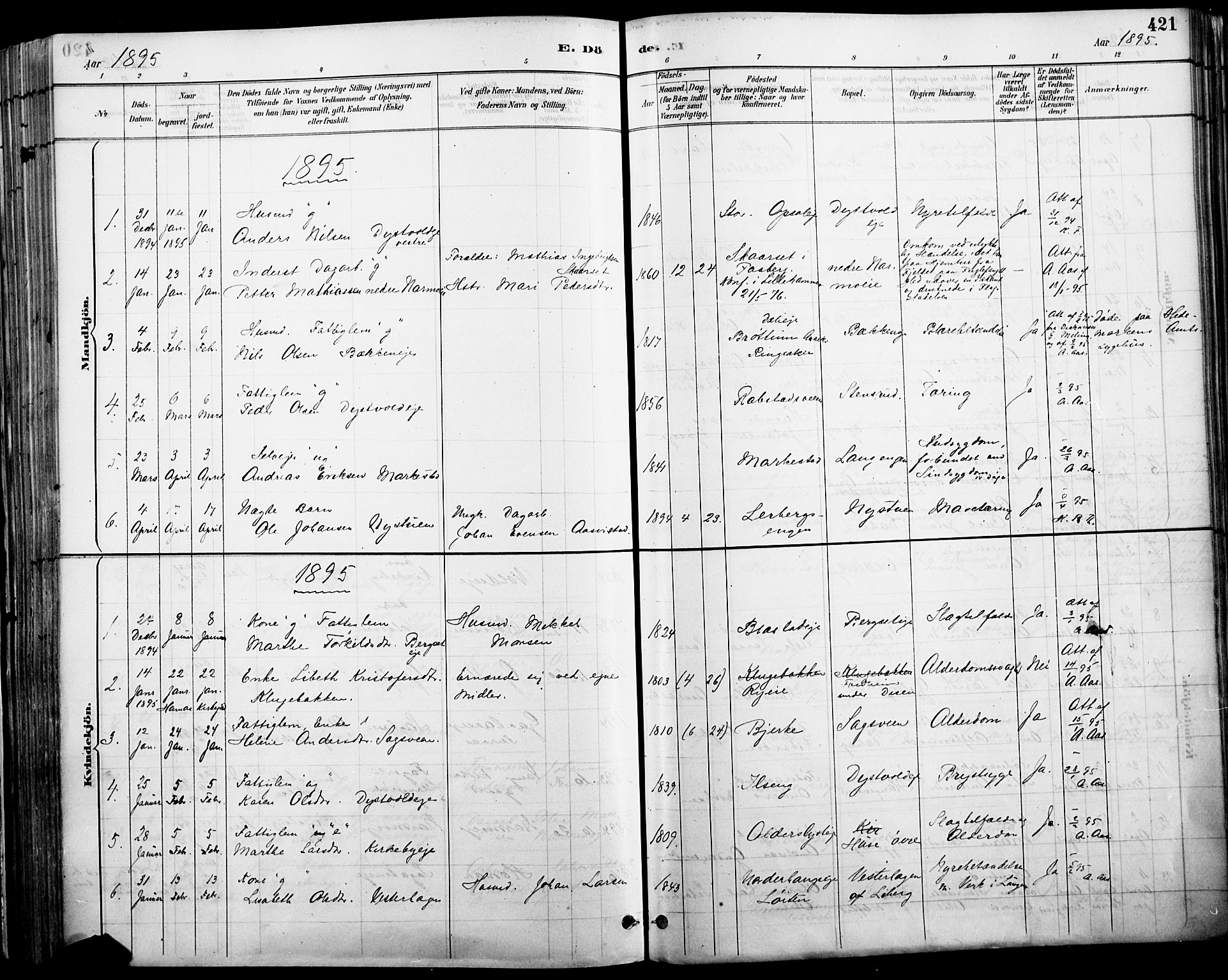 Vang prestekontor, Hedmark, SAH/PREST-008/H/Ha/Haa/L0019A: Parish register (official) no. 19, 1886-1900, p. 421