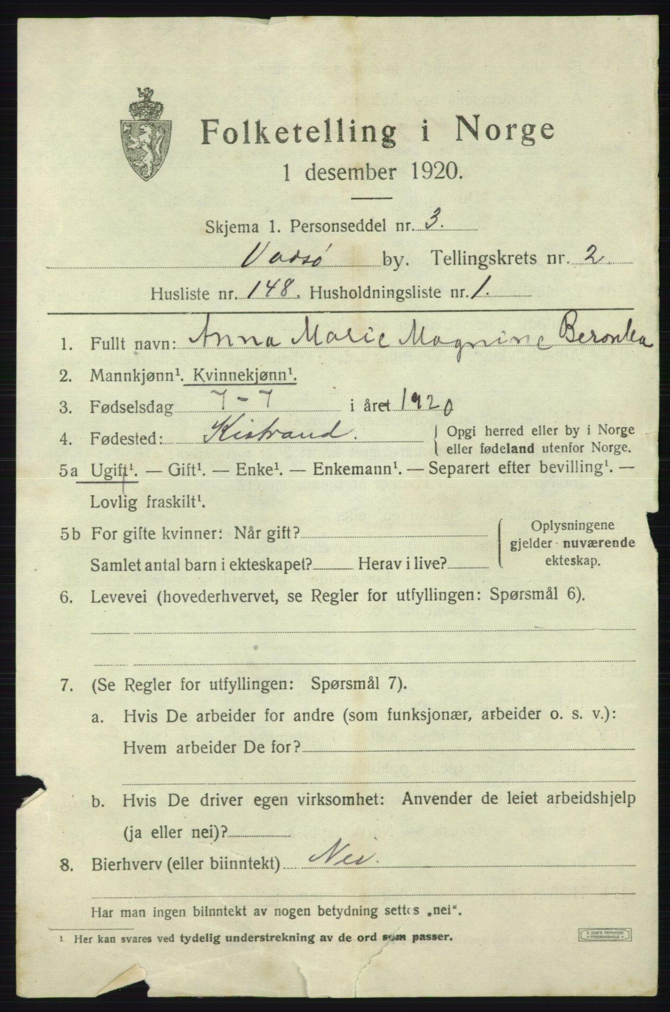 SATØ, 1920 census for Vadsø, 1920, p. 5310