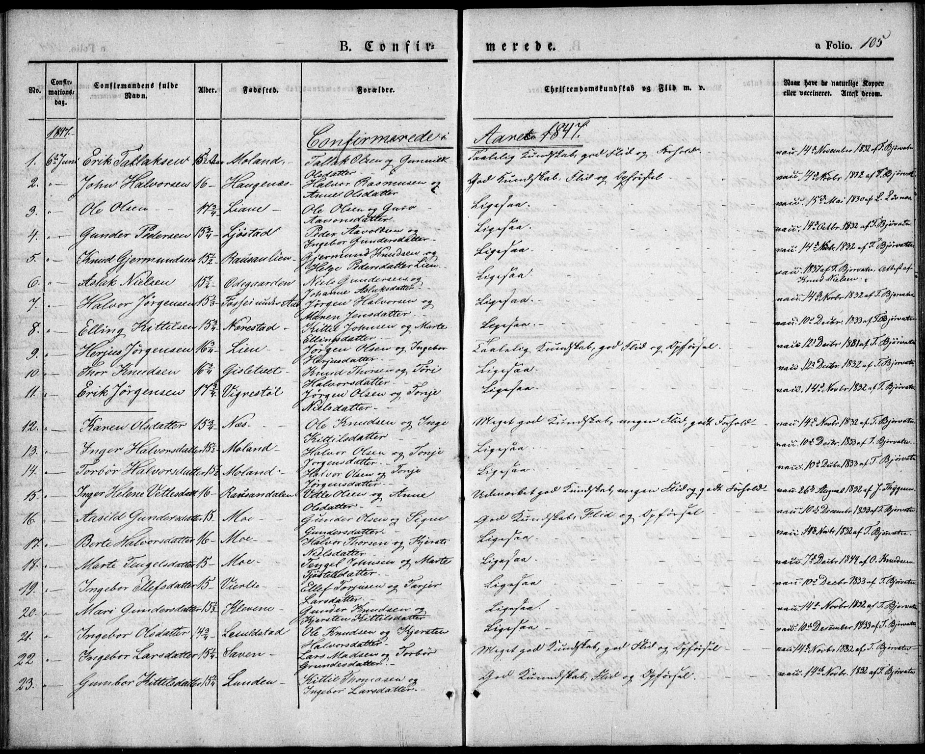 Gjerstad sokneprestkontor, SAK/1111-0014/F/Fa/Fab/L0002: Parish register (official) no. A 2, 1835-1852, p. 105