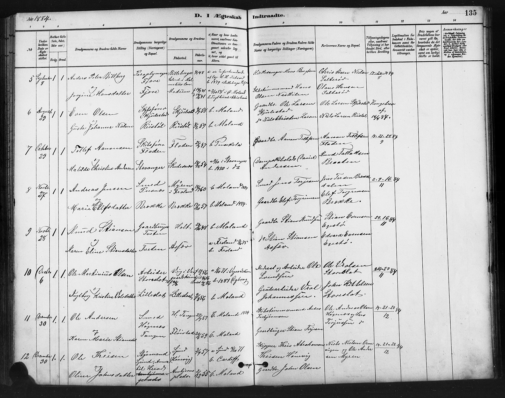 Austre Moland sokneprestkontor, SAK/1111-0001/F/Fb/Fba/L0003: Parish register (copy) no. B 3, 1879-1914, p. 135