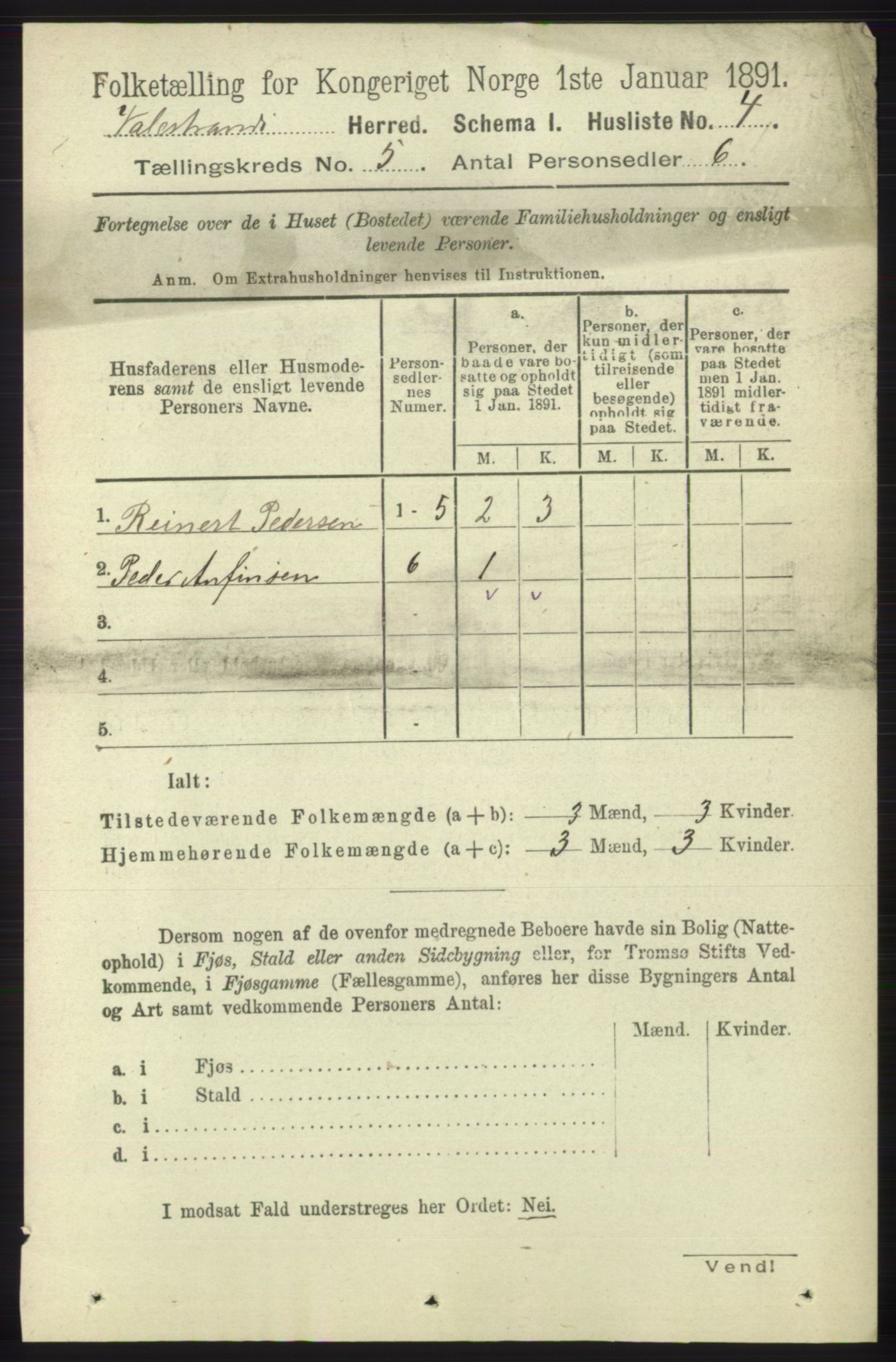 RA, 1891 census for 1217 Valestrand, 1891, p. 1092