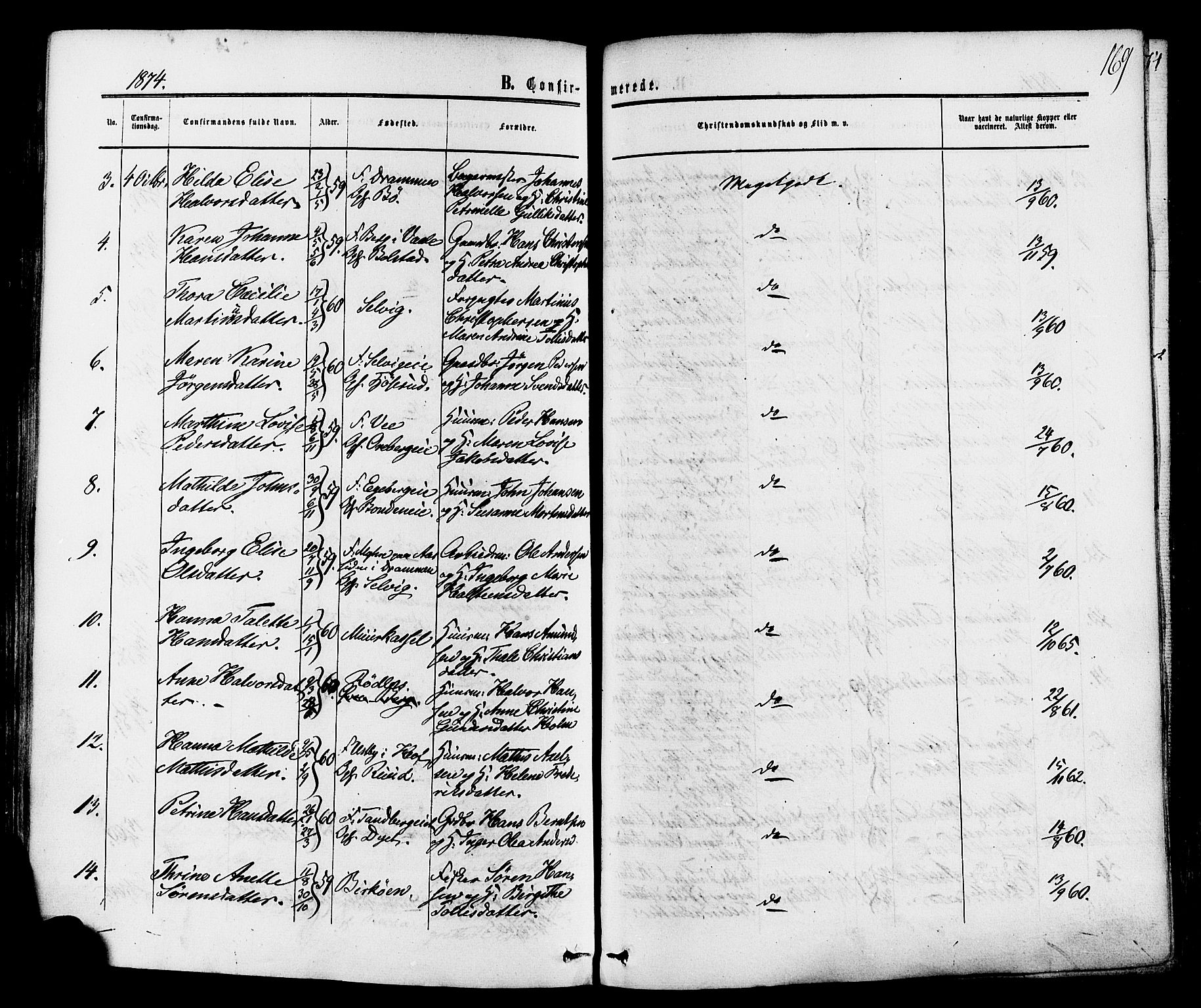 Sande Kirkebøker, AV/SAKO-A-53/F/Fa/L0005: Parish register (official) no. 5, 1865-1877, p. 169